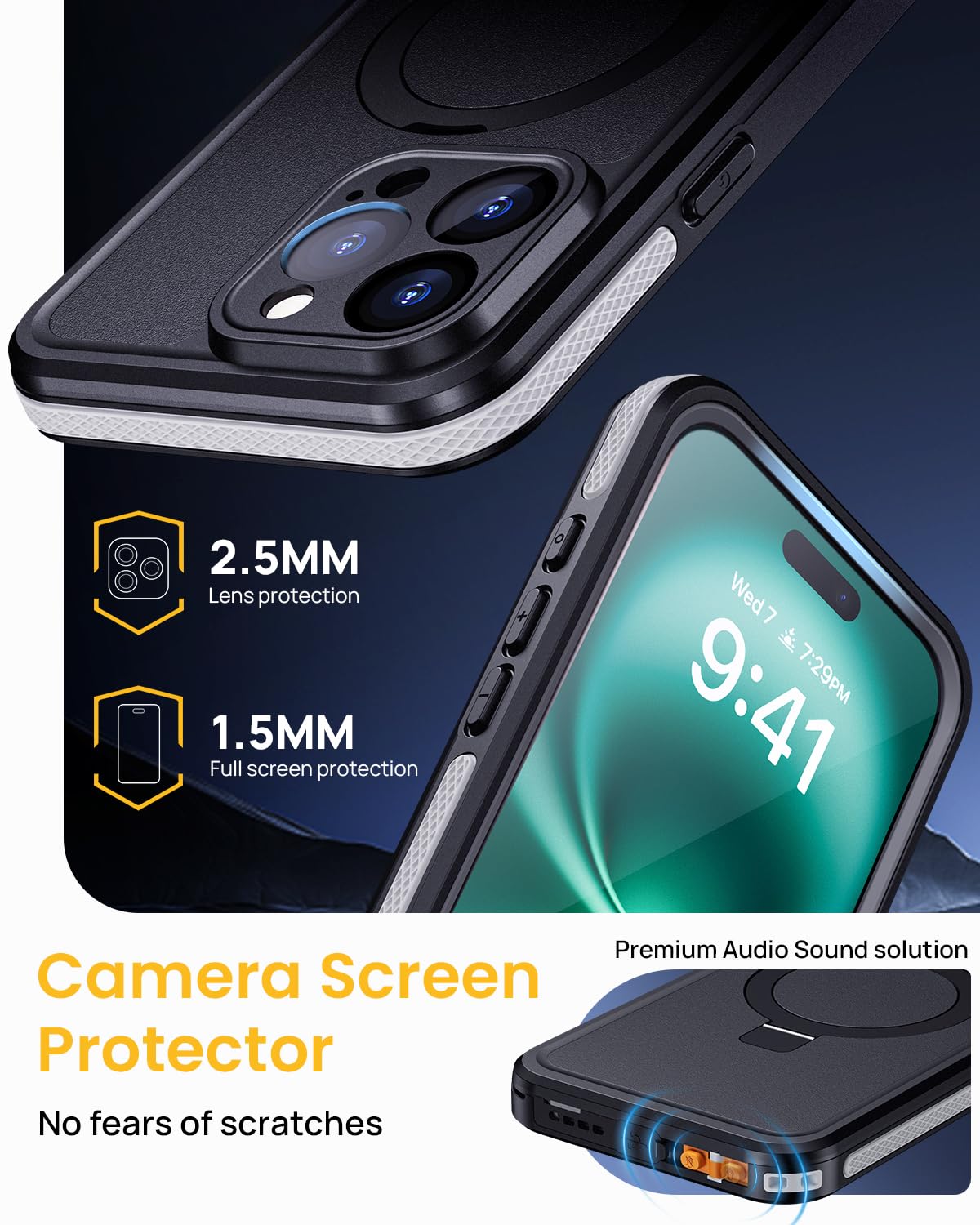 Lanhiem Etui na telefon iPhone 16 Pro Wodoodporny [IP68 Waterproof] Odporny na upadki i zadrapania Podwodny pokrowiec pyłoszczelny, dla iPhone 16 Pro 360 stopni ochrona wojskowa, czarny
