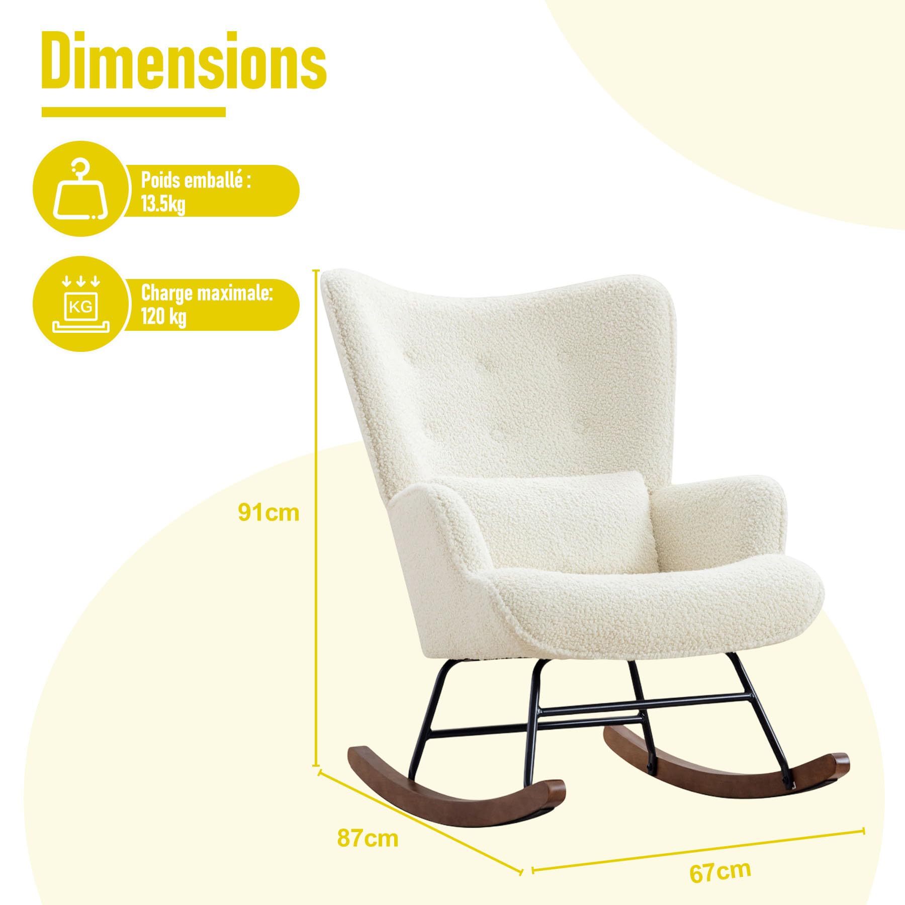 Rocking Chair Confortable en Velours Rembourré avec Support Lombaire, Fauteuil à Bascule Allaitement Scandinave, Chaise à Bascule pour Salon, Chambre, Balcon, Chambre Bébé, Nursery – Beige