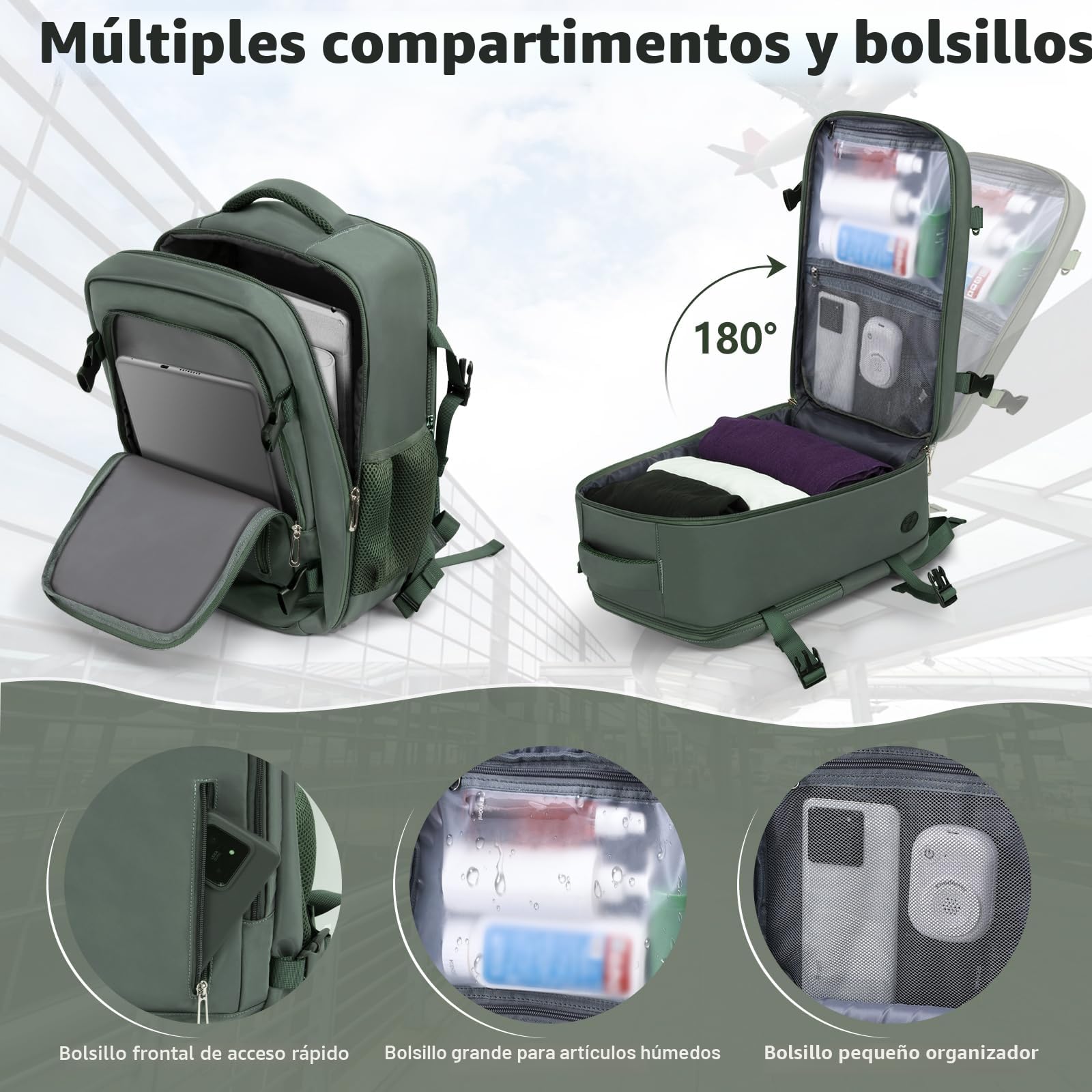 OTAHGK Mochila de Viaje Cabina Avion 40 x 20 x 25 para Ryanair Equipaje de Mano Maletas de Cabina Bolsa de Viaje para Portátil de 14 Pulgadas con Orificio de Carga USB y Bolsillo Antirrobo