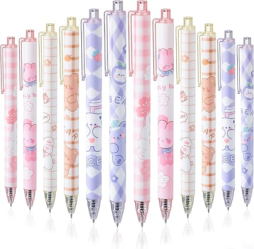 Qualirey 12 bolígrafos Kawaii de tinta de gel de 0.020 in de tinta negra, bolígrafos Kawaii, retráctiles, elegantes, suministros escolares para