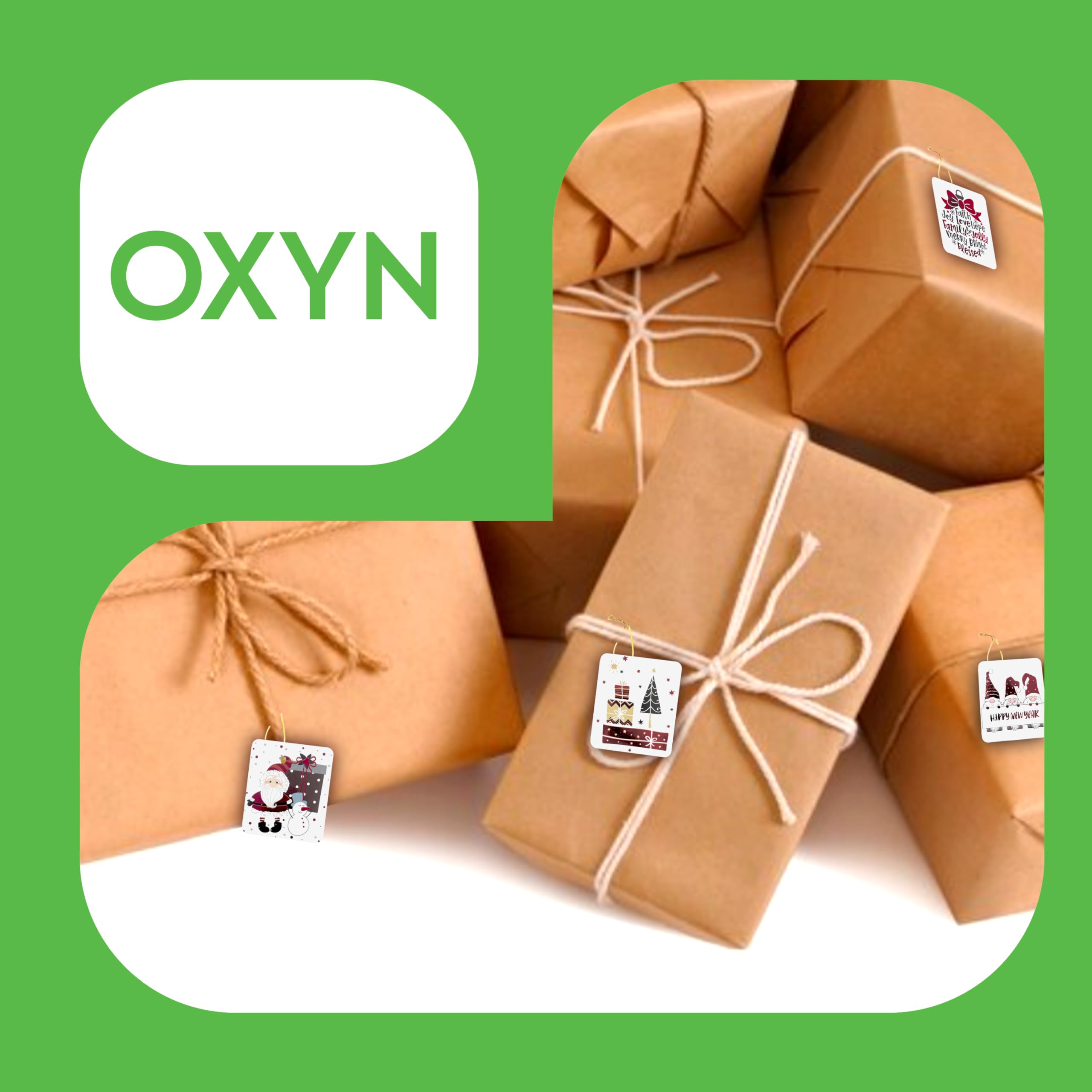 OXYN Set 16 Bigliettini Natalizi Con Laccetto E Brillantini – Forme Miste Con Babbo Natale, Renne, Alberi – Decorazione Regali