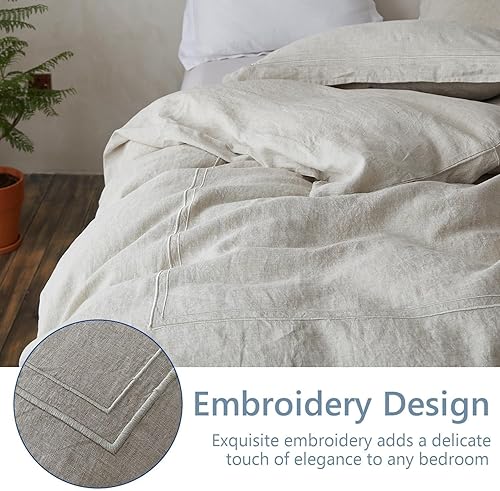 Miniatura 6 de Simple&Opulence Juego de funda de edredón 100% lino lavado de 88 x 92 pulgadas, juego de edredón suave de 3 piezas, doble bordado con cierre de