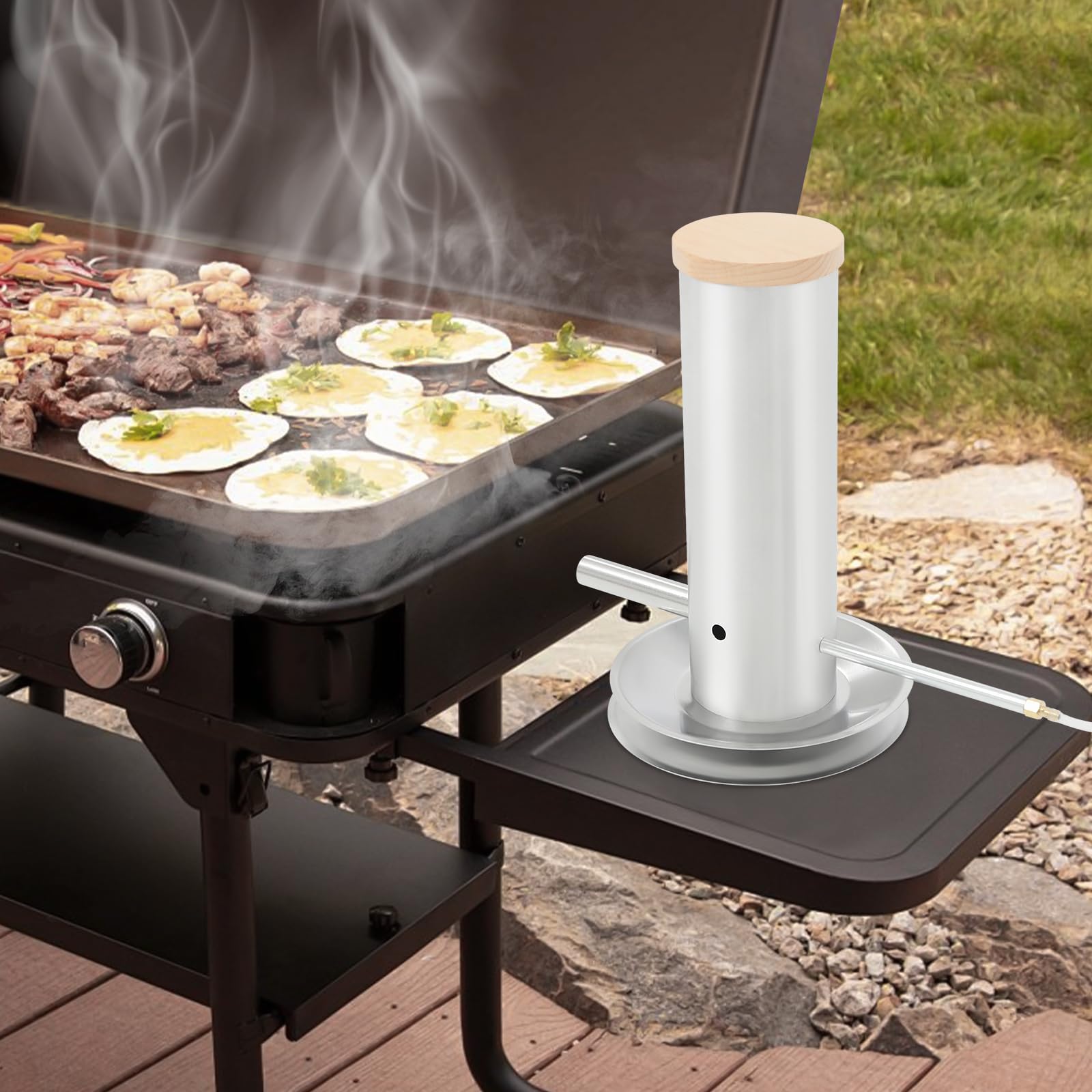 Generatore elettrico di fumo freddo da 1,7 l, in acciaio inox con coperchio in legno, generatore di fumo a freddo portatile con pompa ad aria, generatore di fumo per fumare pesce, carne, formaggio