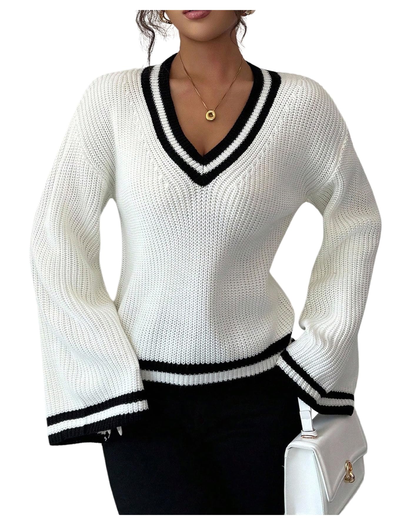 Womens Bell Sleeve V Neck Preppy Sweater Striped Trim Knitted Casual Pullover Jumper