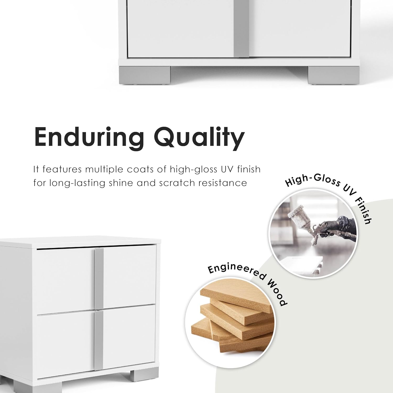 Furniture of America Alistair Modern Wood Nightstand with 2 Drawers and Vertical Chrome Handles, Large Bedside Table, Wooden Night Stand for Bedroom, Guest Room, Dorm, No Assembly Needed, White