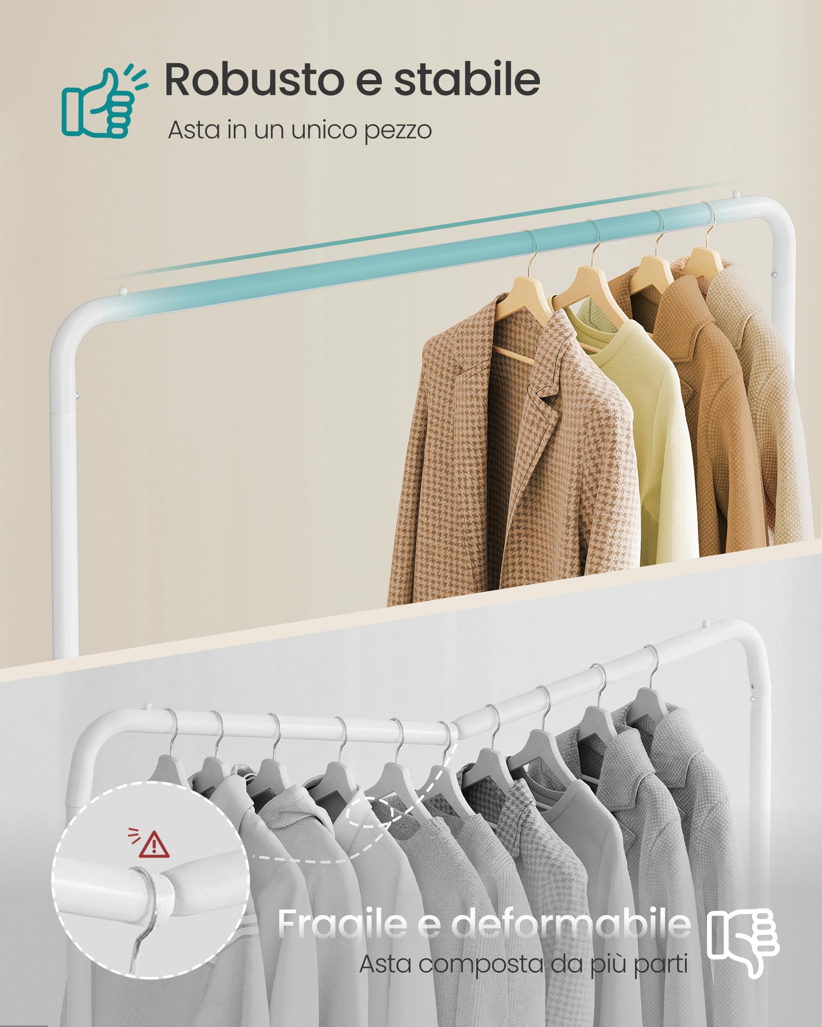 SONGMICS Stand Appendiabiti con Ruote, Attaccapanni, 2 Ruote con Freno, Camera da Letto, Portata fino a 50 kg, 38 x 110 x 141,5 cm, Bianco Opaco HSR016WG01
