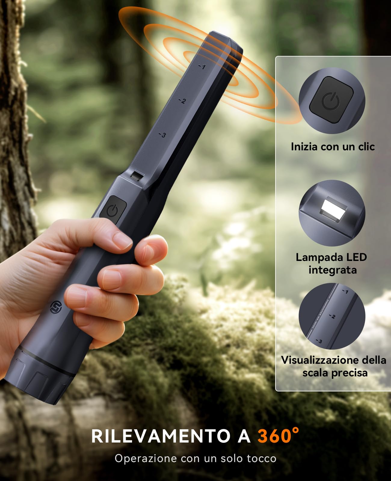 SUNPOW Metal Detector Pinpointer Ricaricabile – Sunpow Metal Detector Professionale 800mAh (15H) – Cercametalli Portatile Impermeabile IP68 – Rilevamento 360° Alta Sensibilità – NXGD02