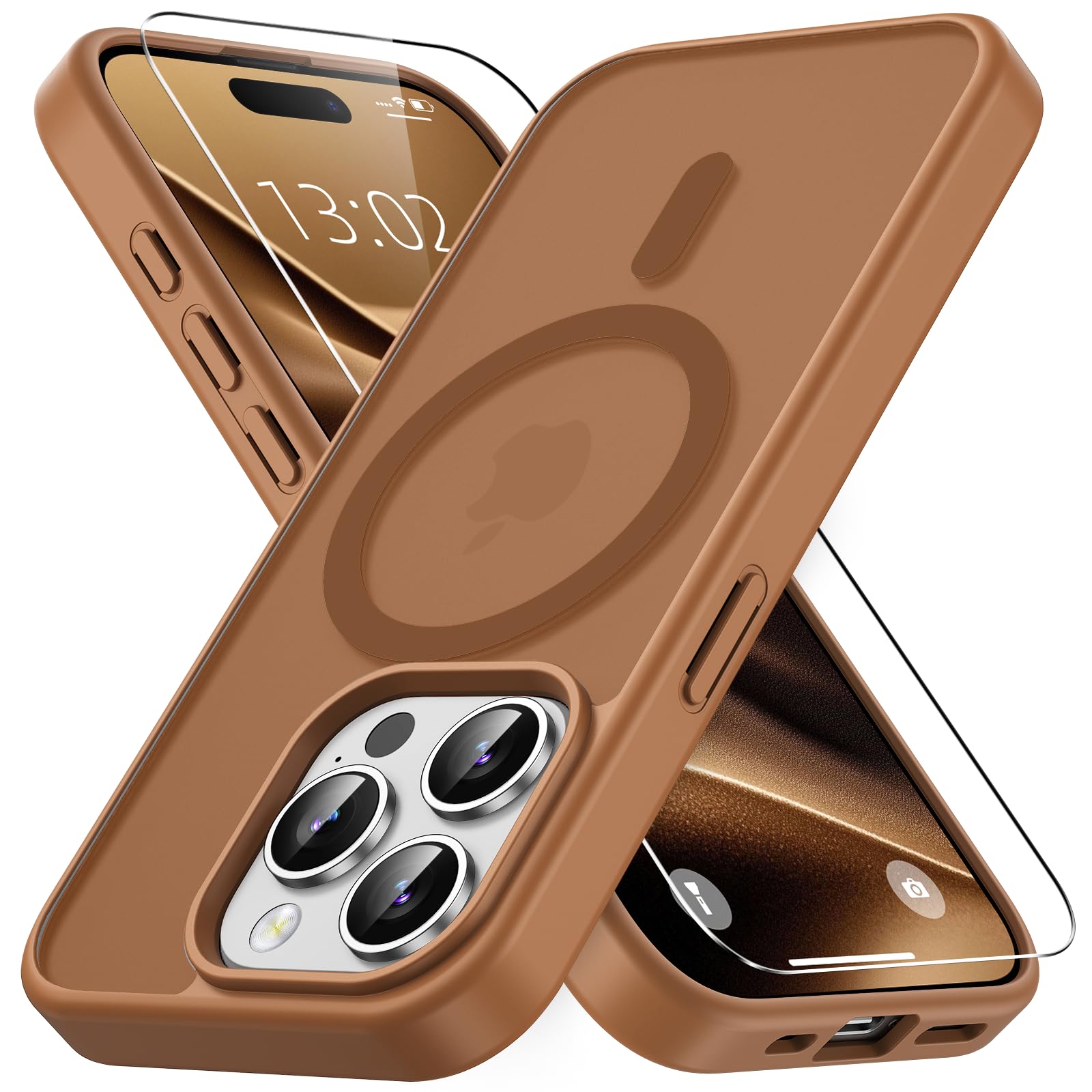 Vansdon Cover Magnetica per iPhone 15 Pro Max con 1 Pezzi Vetro Temperato | Marrone caffè, Compatibile con Magsafe, Protezione anticaduta di livello militare, Custodia Traslucida Opaca Sottile Antiurto