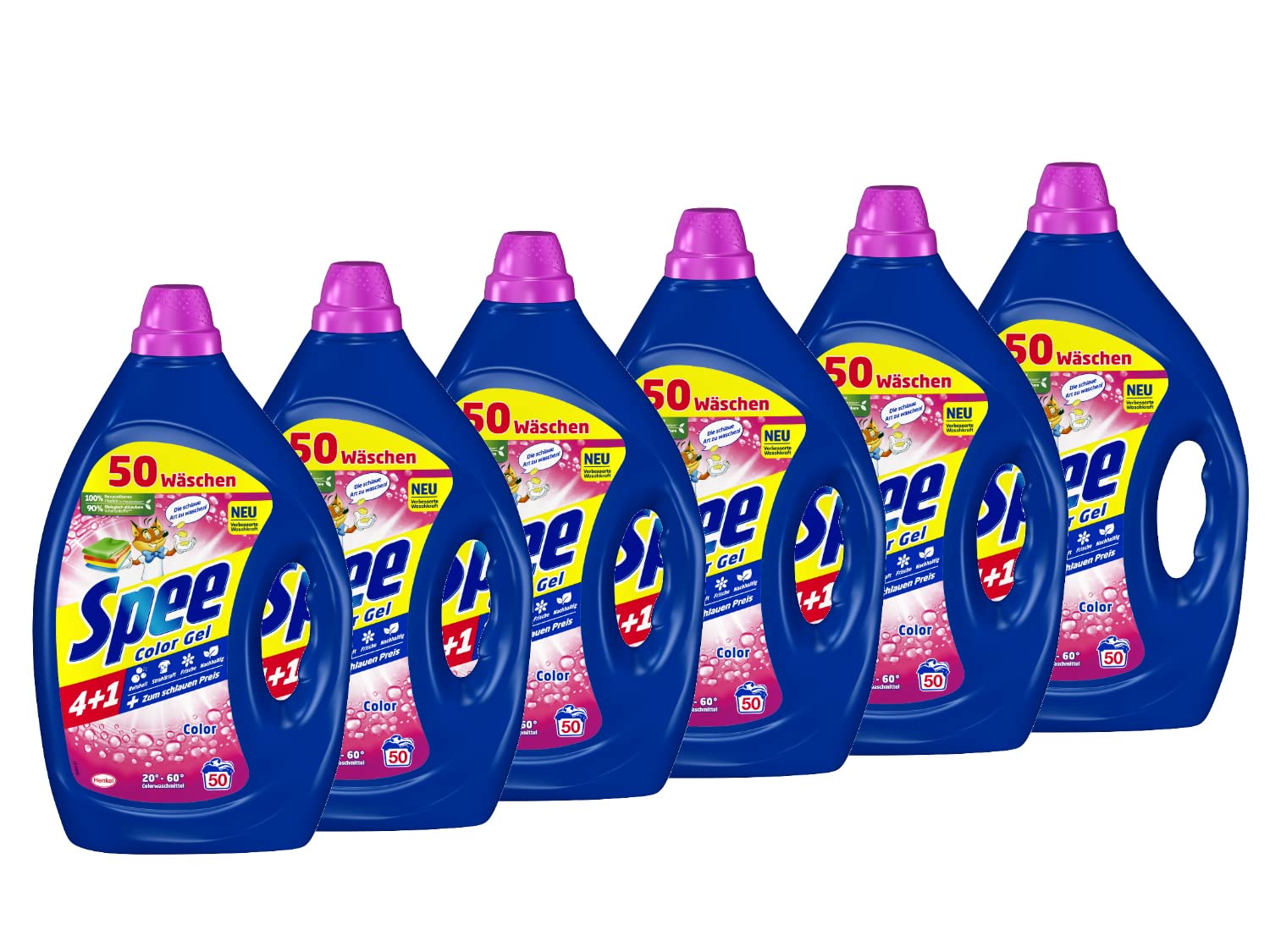 Spee Aktiv Gel Color 4 + 1 Waschmittel 300 WL (6 x 50 Waschladungen), Flüssigwaschmittel mit 4 + 1 Formel vereint Reinheit, Strahlkraft, Frische & Nachhaltigkeit, 20° - 60° C
