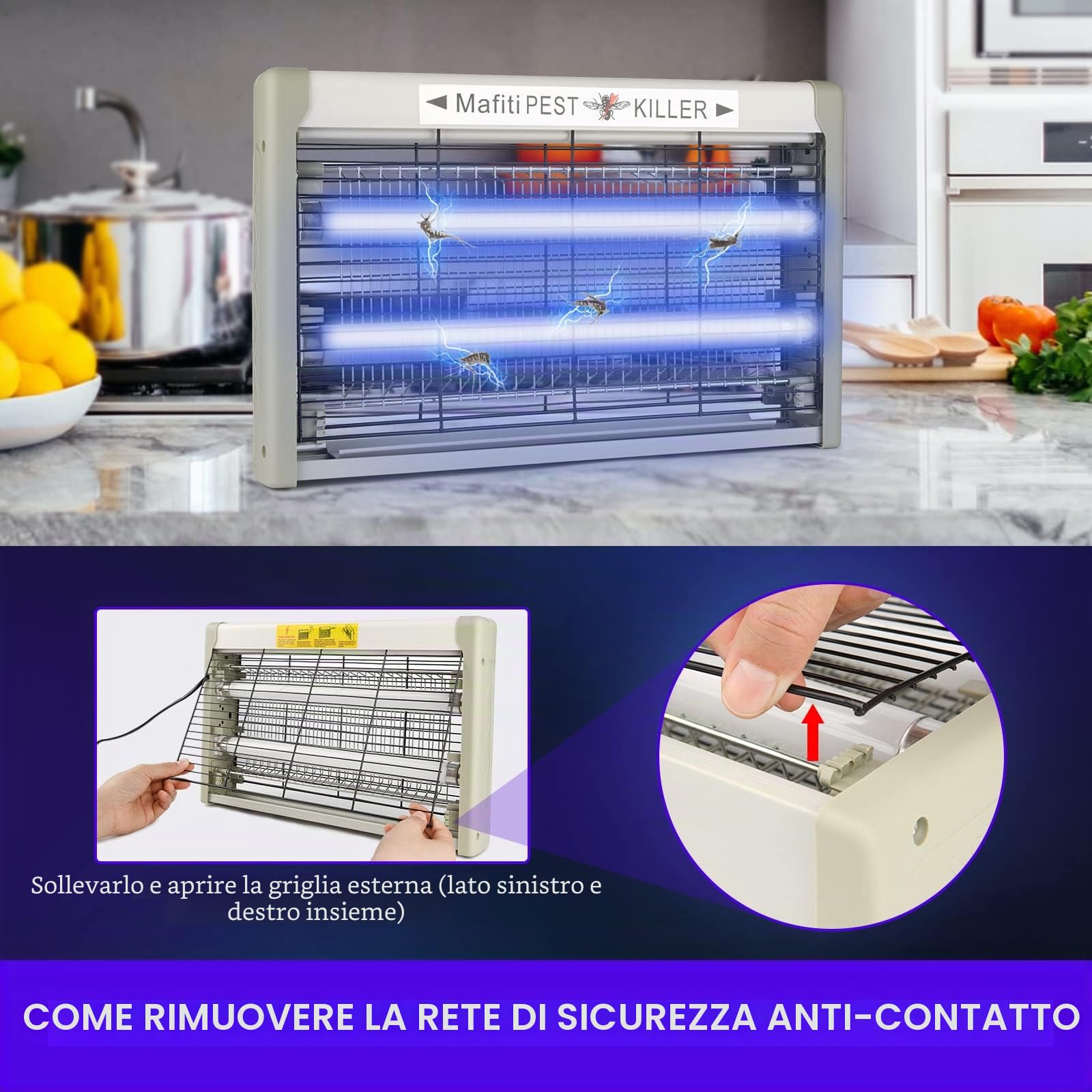 Mafiti Lampada Antizanzare 20W,Zanzariera Elettrica 3200V,4 X Lampada Anti-UV,Lampada Zanzare per Esterno/Interno