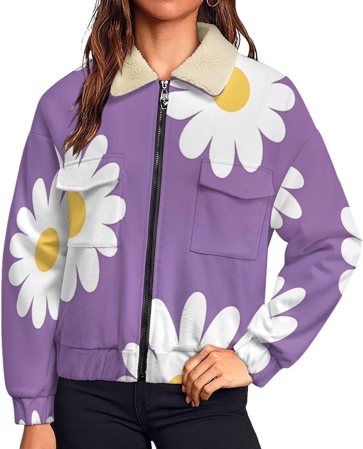 Women's Full Zip Soft Polar Fleece Jacket, daisy Printed Outdoor Coat, Long Sleeve Comfortable Outerwear