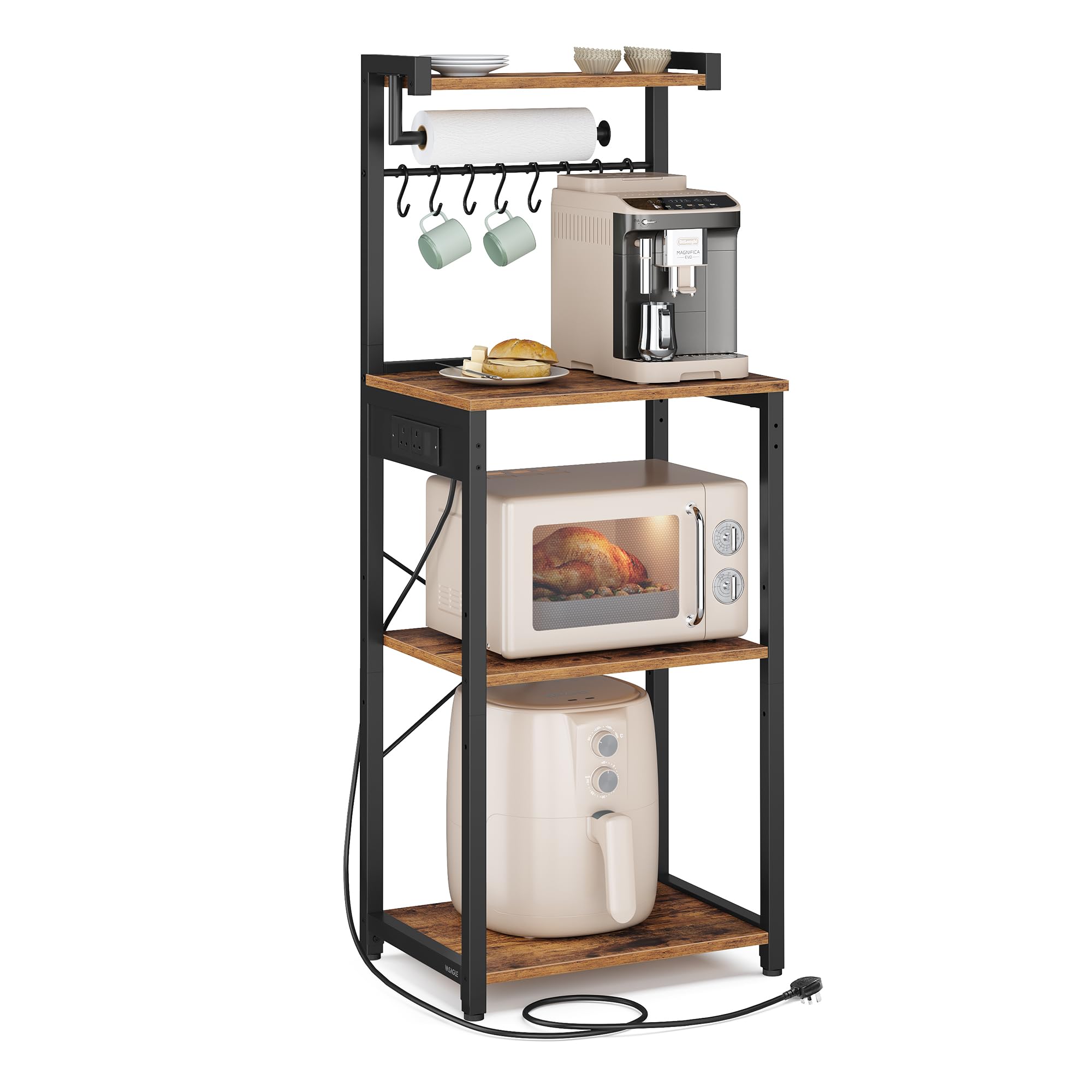 VASAGLE Kitchen Bakers Rack with Power Outlet, 4-Tier Coffee Bar with 8 S Hooks, Adjustable Shelf, Microwave Stand, Paper Towel Holder, 40 x 45 x 140 cm, Rustic Brown and Ink Black KKS013KD03