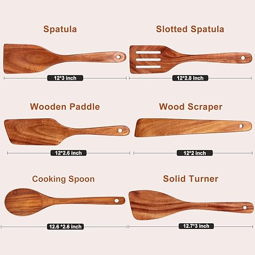 Vista 6 de Juego de 6 espátulas planas de madera, cuchara de madera de teca para utensilios de cocina, espátula ranurada, juego de utensilios de cocina no 6