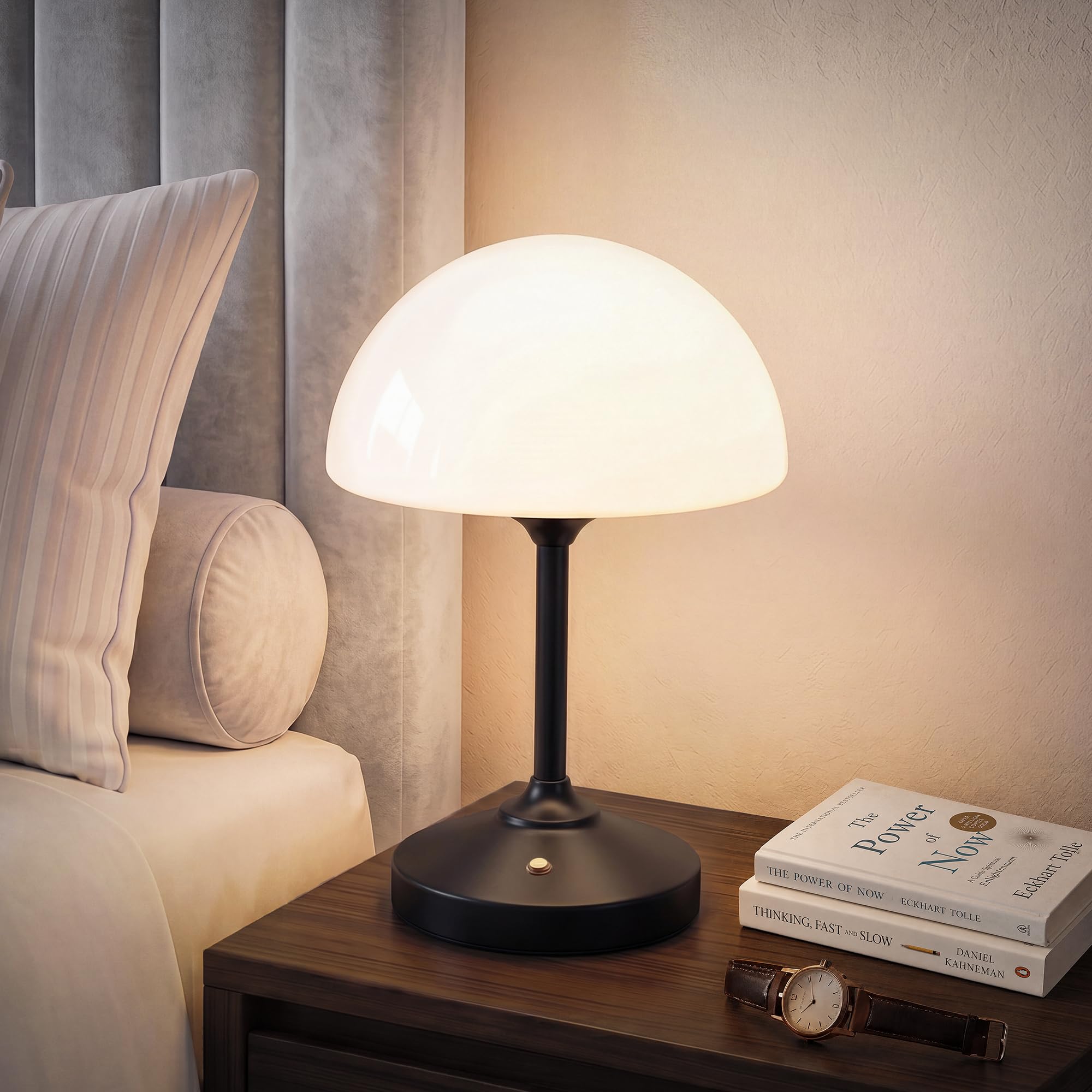 Dawnwake Mushroom Lamp Table Lamp Waterproof, Cordless Rechargeable Battery Lamp for Bedroom, 5000mAh Touch LED Lamps for Living Room, Bathroom, 3 Level Dimming Small Lamp, Black