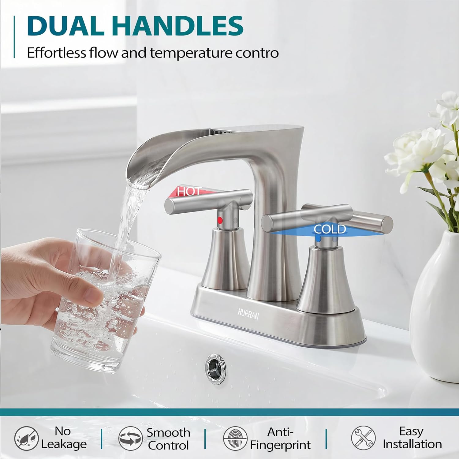 Waterfall Bathroom Faucets 3 Hole, HURRAN 4 Inch Centerset Bathroom Sink Faucet with Pop-up Drain, Stainless Steel 2 Handle Modern Sink Faucet Mixer Tap for Vanity RV Restroom Basin, Brushed Nickel - Image 2