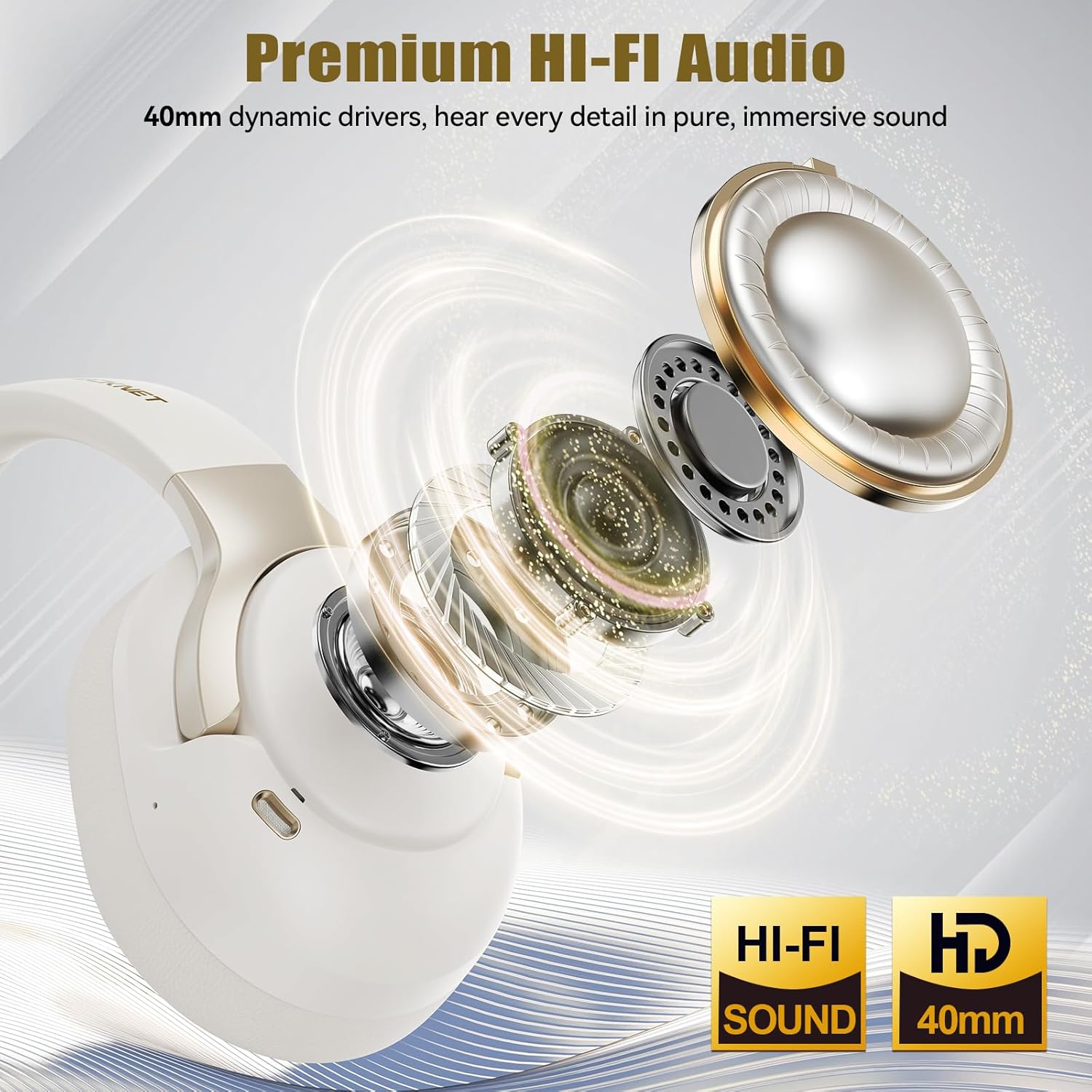 TECKNET Hybrid Active Noise Cancelling Headphones, Wireless Bluetooth 6.0 Headset, 70H Playtime and 6 EQ Music Modes with 3.5mm Cord, Over Ear Headphones for Travel Work Cellphone - White