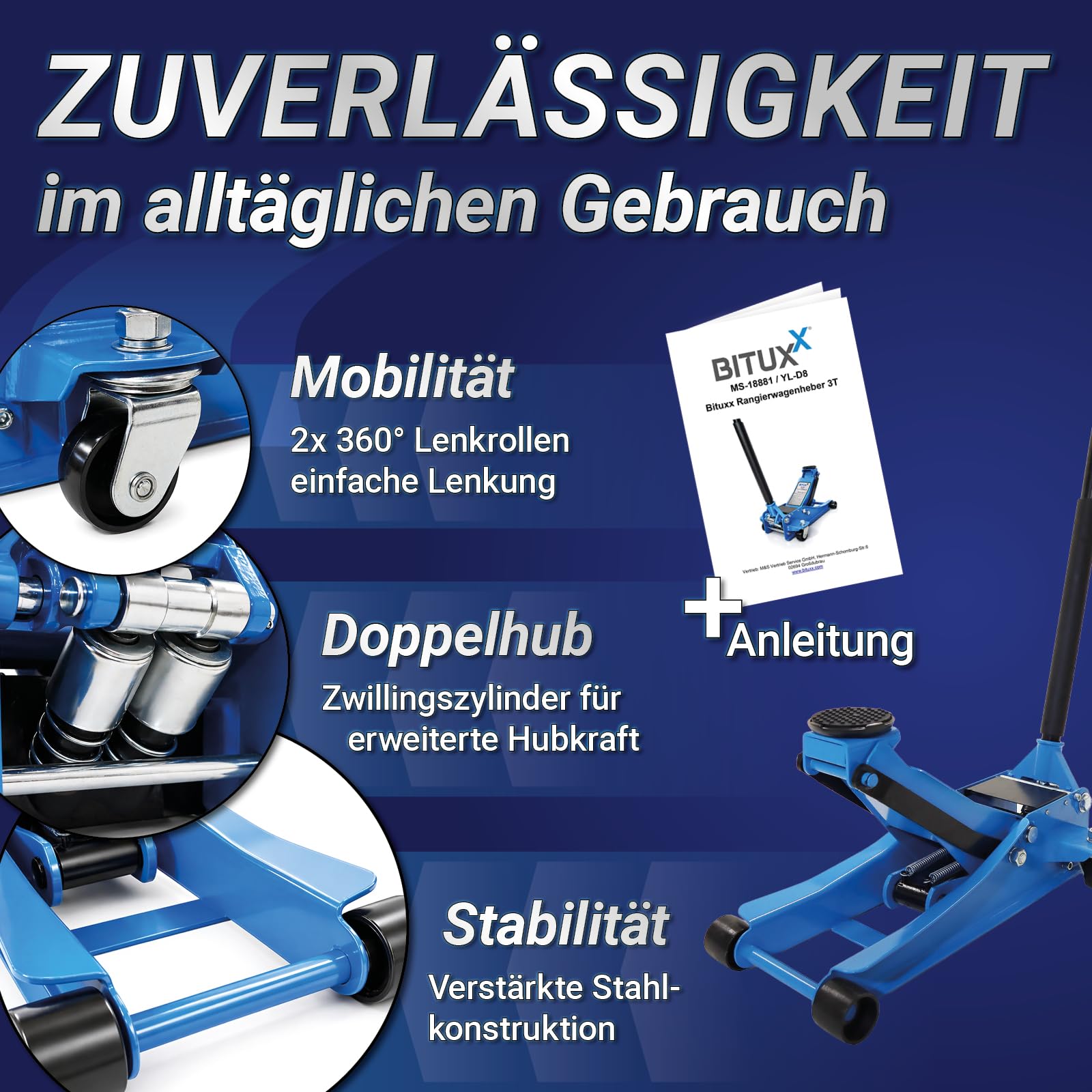 BITUXX Hydraulischer Rangierwagenheber 3T extra flach Wagenheber hydraulisch 3 Tonnen Hubhöhe von 8 cm bis 51 cm inkl. Gummiauflage und mit 2 Hydraulikkolben