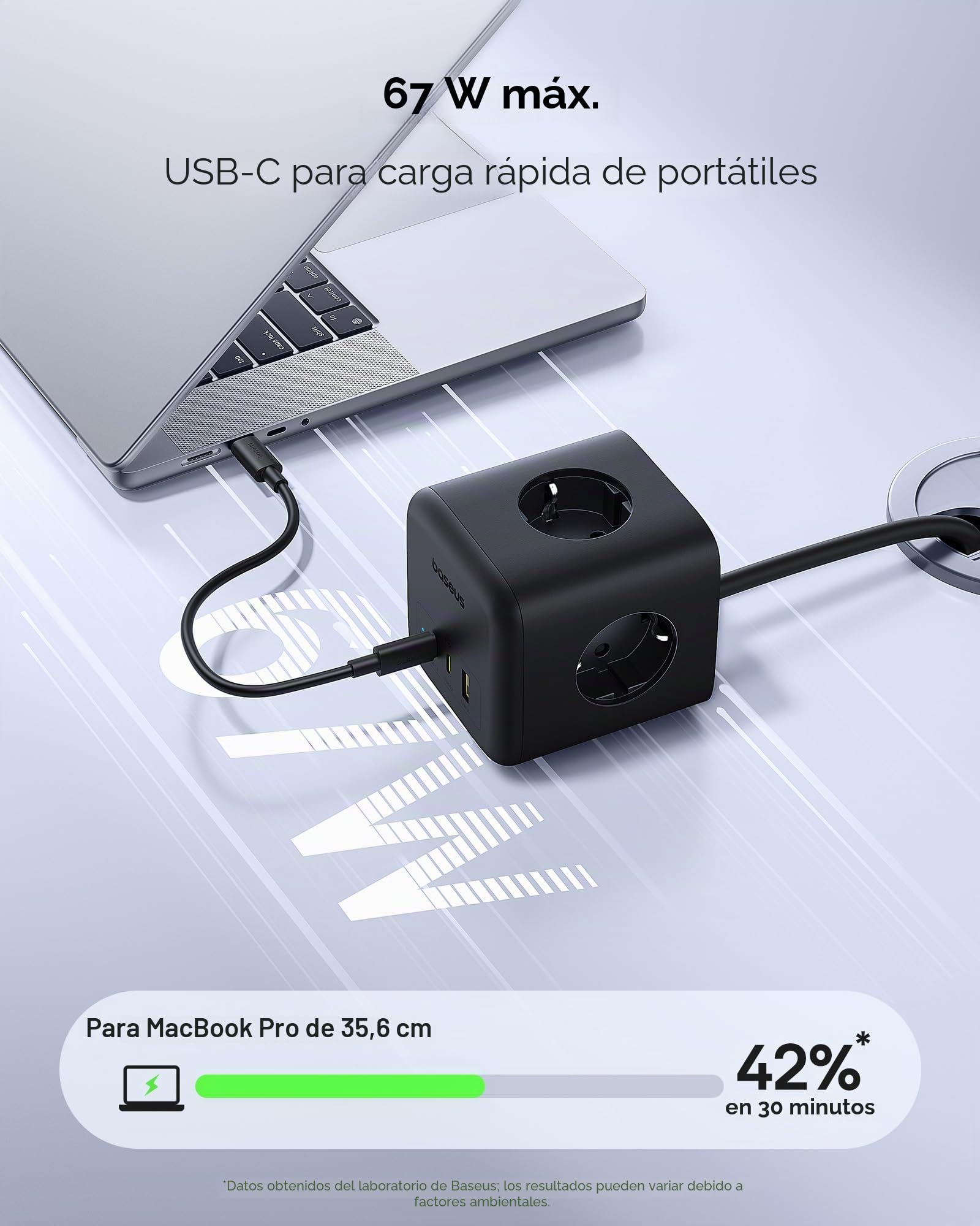 Baseus Cubo 67W, Regleta USB-C GaN6 3-enchufes con interruptor, cargador PD para MacBook, iPad, iPhone 16/15, Galaxy S25 Ultra, hogar, oficina, viajes