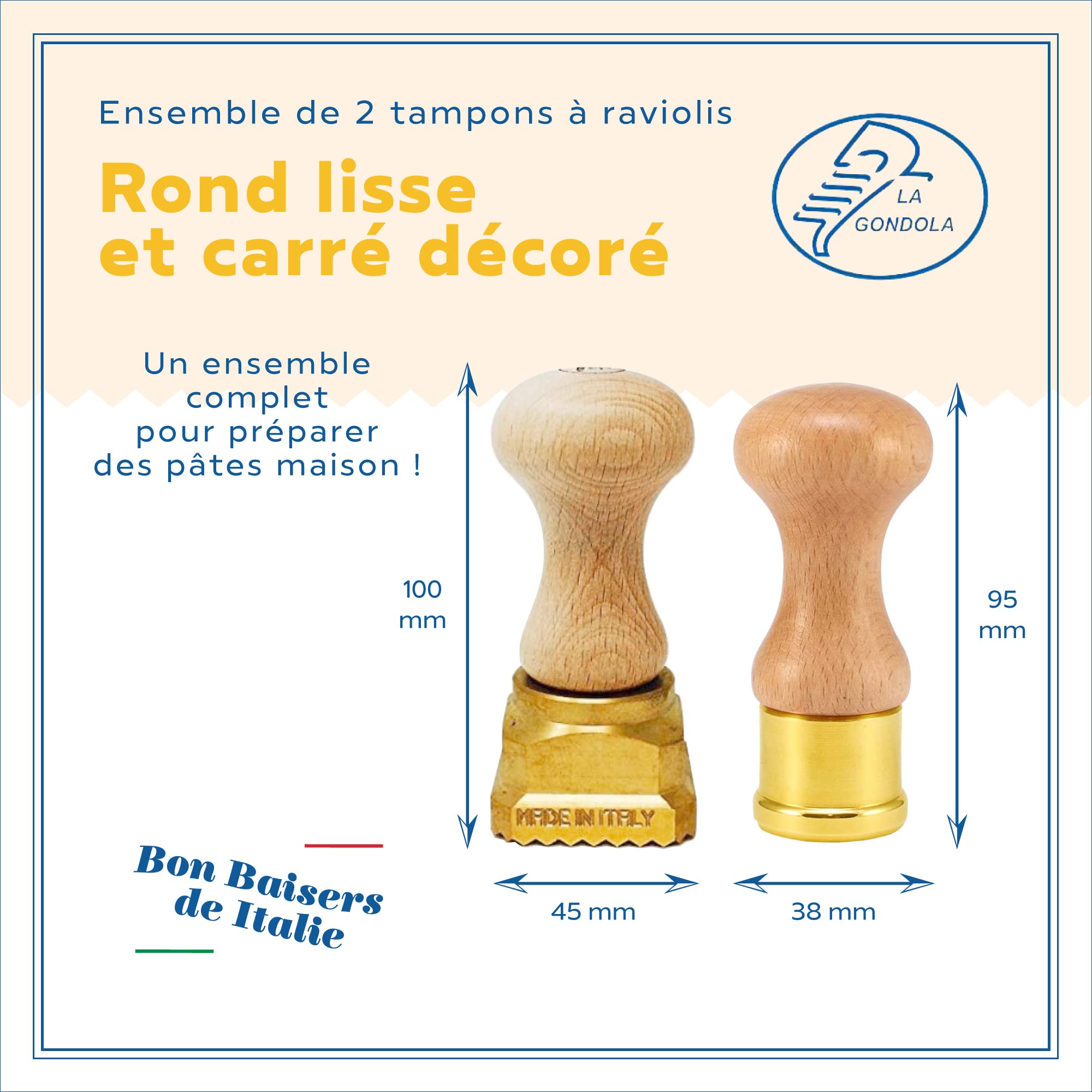 La Gondola Lot de 2 Timbres à Ravioli - Rond Lisse 38mm & Carré Décoré 45x45mm | Outils de Préparation des Fait Maison Pâtes | Laiton & Bois Naturel | Tampons à Raviolis Fabriqué en Italie
