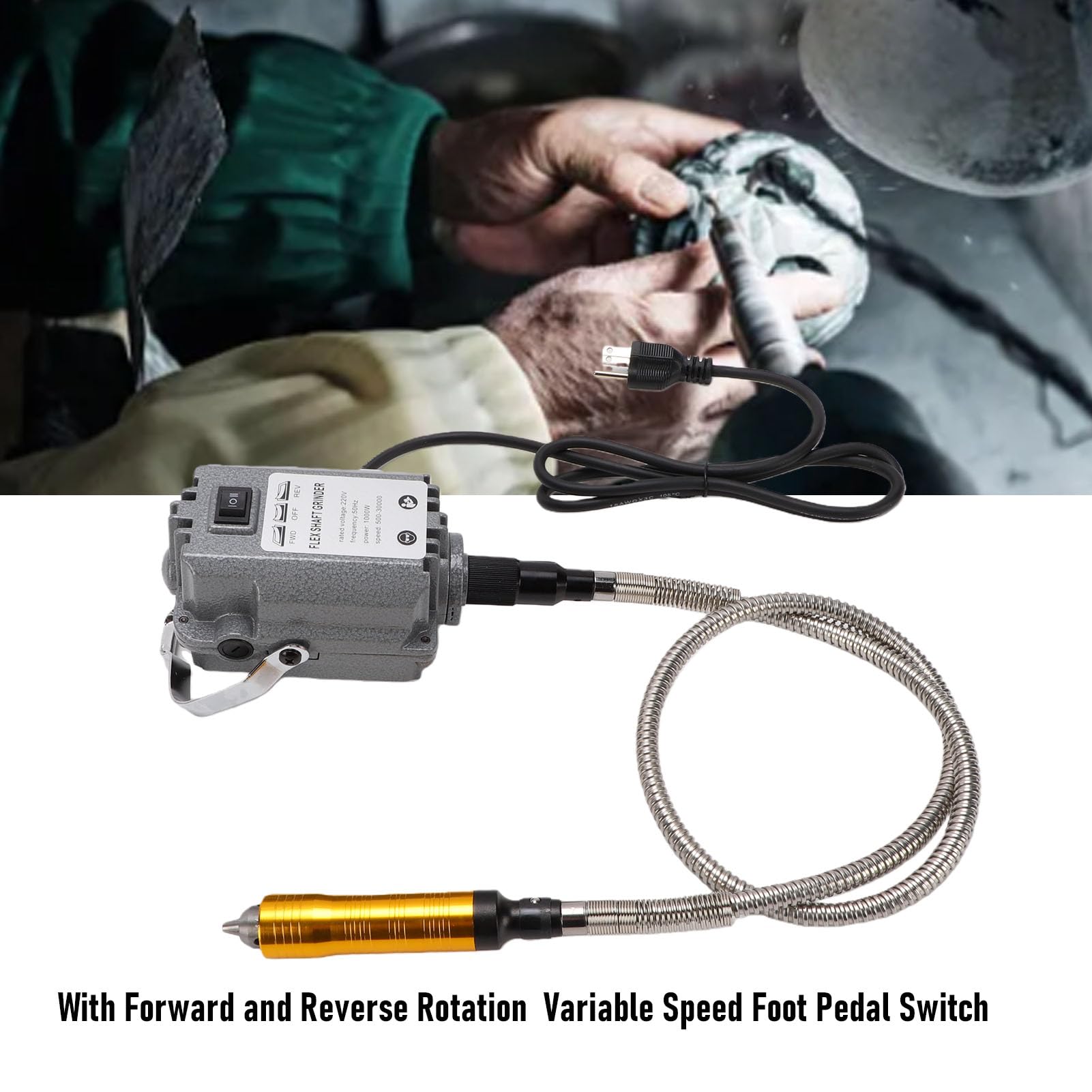 Garosa Herramienta Rotativa Eje Flexible Molinillo Colgante Eléctrico Máquina de Grabado Motor de Cobre de 1000 W 30000 RPM Velocidad Variable con Pedal para Joyería Metal Tallado en (Enchufe de la