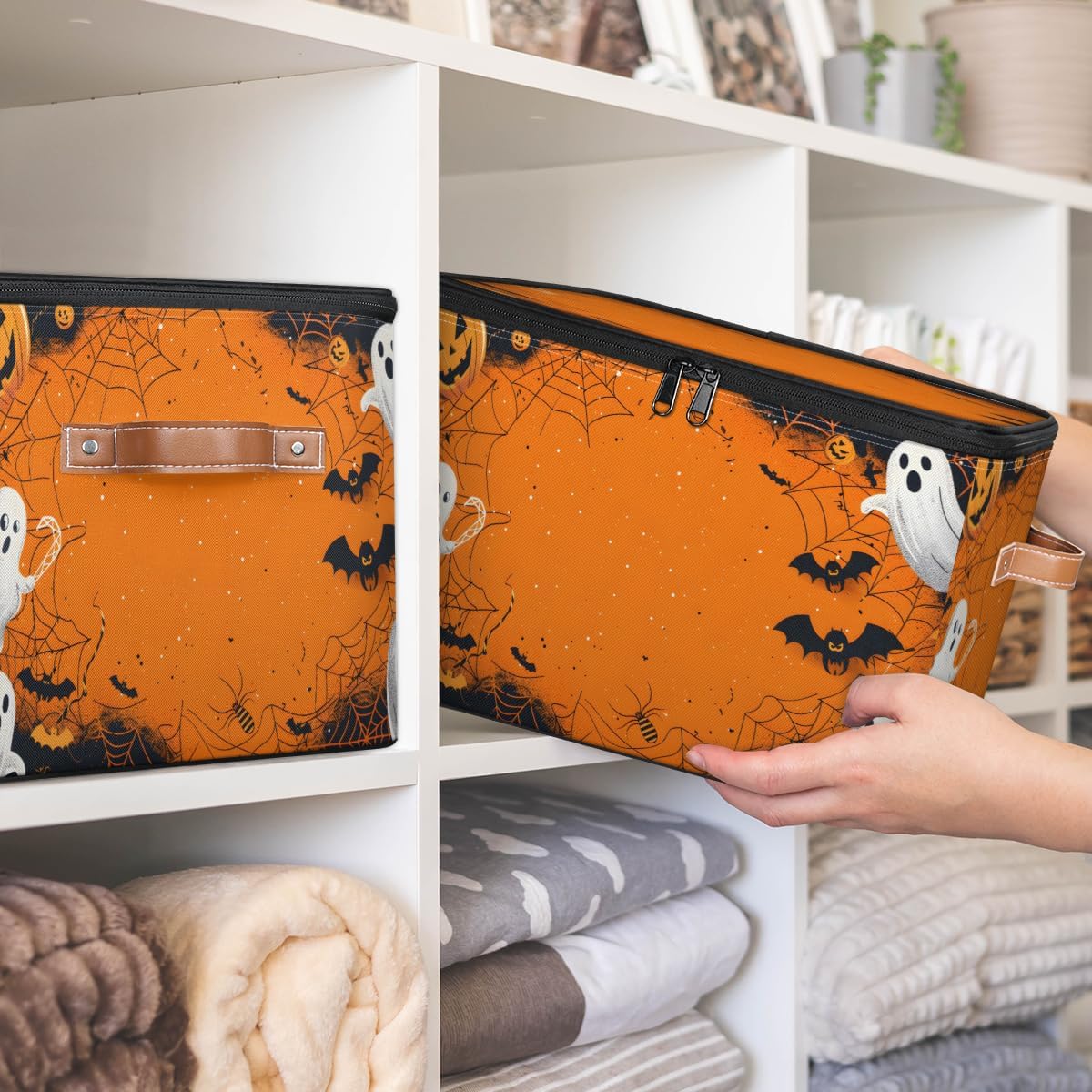 Storage Bin Set of 2 Boo Bat Specter Storage Basket with Zipper Lid & Handle Foldable Closet Shelf 2 Pack Cloth Organizer Basket Cube Bins Clothes Organizer for Bedroom, Nursery