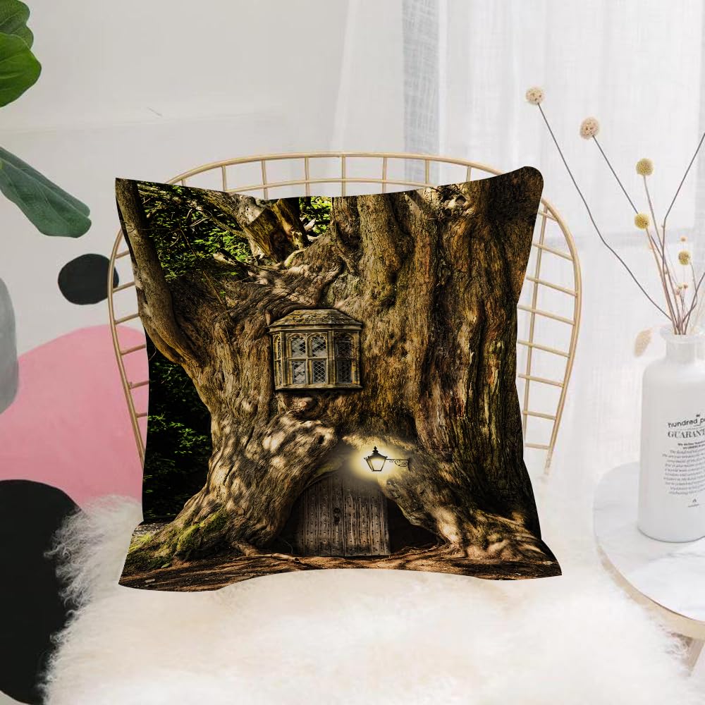 HYMSXW Cushion Cover,Throw Pillow Case Home Decorative for Living Room Bedroom Sofa Chair 20X20 Inch,Fantasy,Fairytale in Tree Trunk in Forest with Lanterns Folk Stories Themed,Pillowcase 50X50cm