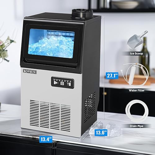 Miniatura 13 de ROVSUN Máquina comercial para hacer hielo de 110 libras/24 horas con 2 entradas de agua, máquina de hielo independiente con contenedor
