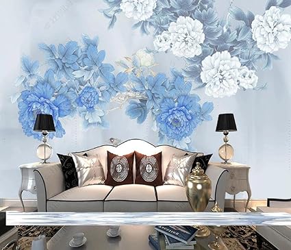 Amazon 壁画3d写真の壁紙 白青牡丹の花 壁紙寝室のリビングルームの背景の壁の装飾の壁画 300x210cm 壁紙