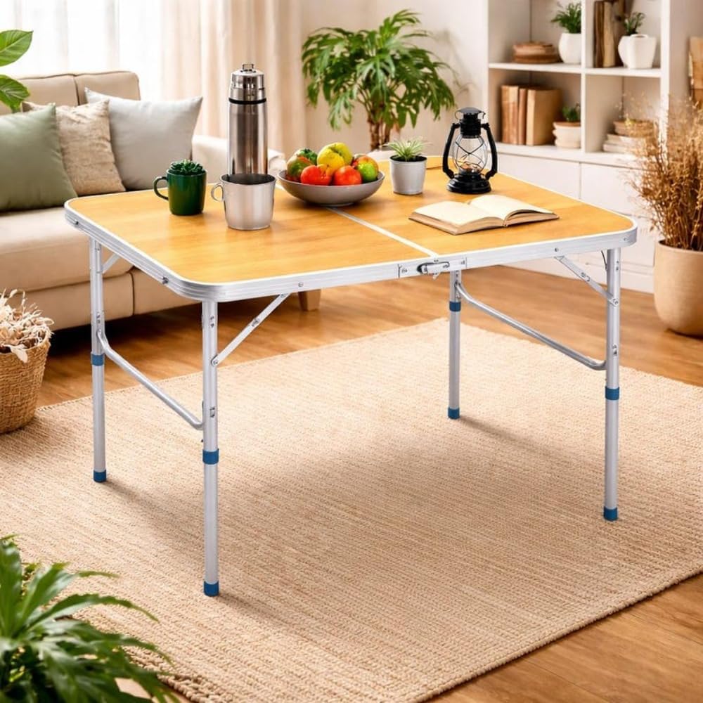 Folding Table, Portable Camping Picnic Table, Lightweight Aluminum Outdoor Utility Table with Wood Look Top for Indoor Laptop Desk, Living Room, Patio & Tailgating