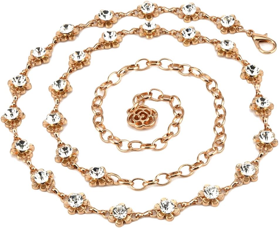 QTALKIE40" Length Crystal Rhinestones Flower Body Chain for Skirt Beach Belly Body Waist Chain Jewelry Necklace for Women