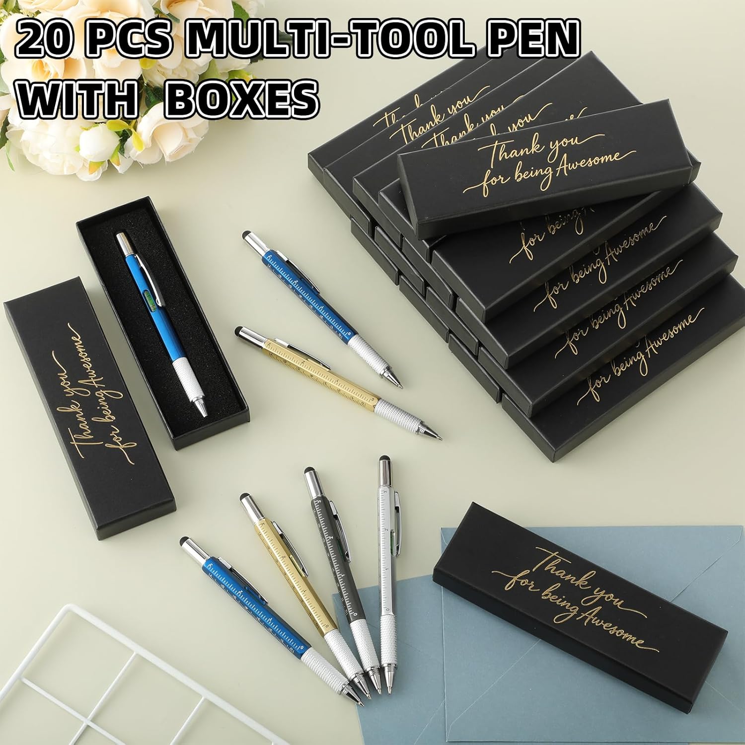 AmazingSpark 20 Sets Employee Multi-tool Gifts:Multi Tool Pen with Motivational Quote Boxes Bulk Appreciation Gifts for Adult Men Dad Husband Father's Day Birthday (Colorful,Black Box)