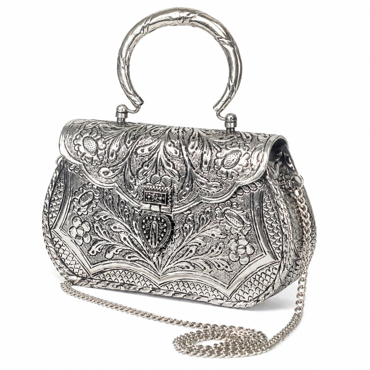 govind art German Silver bags for Women's/Girls Brass Metal Vintage Handmade Hand Clutch Purse/Sling Purse for Women (Silver) - Size 7.5 * 5 * 1.5 inch-picture-19
