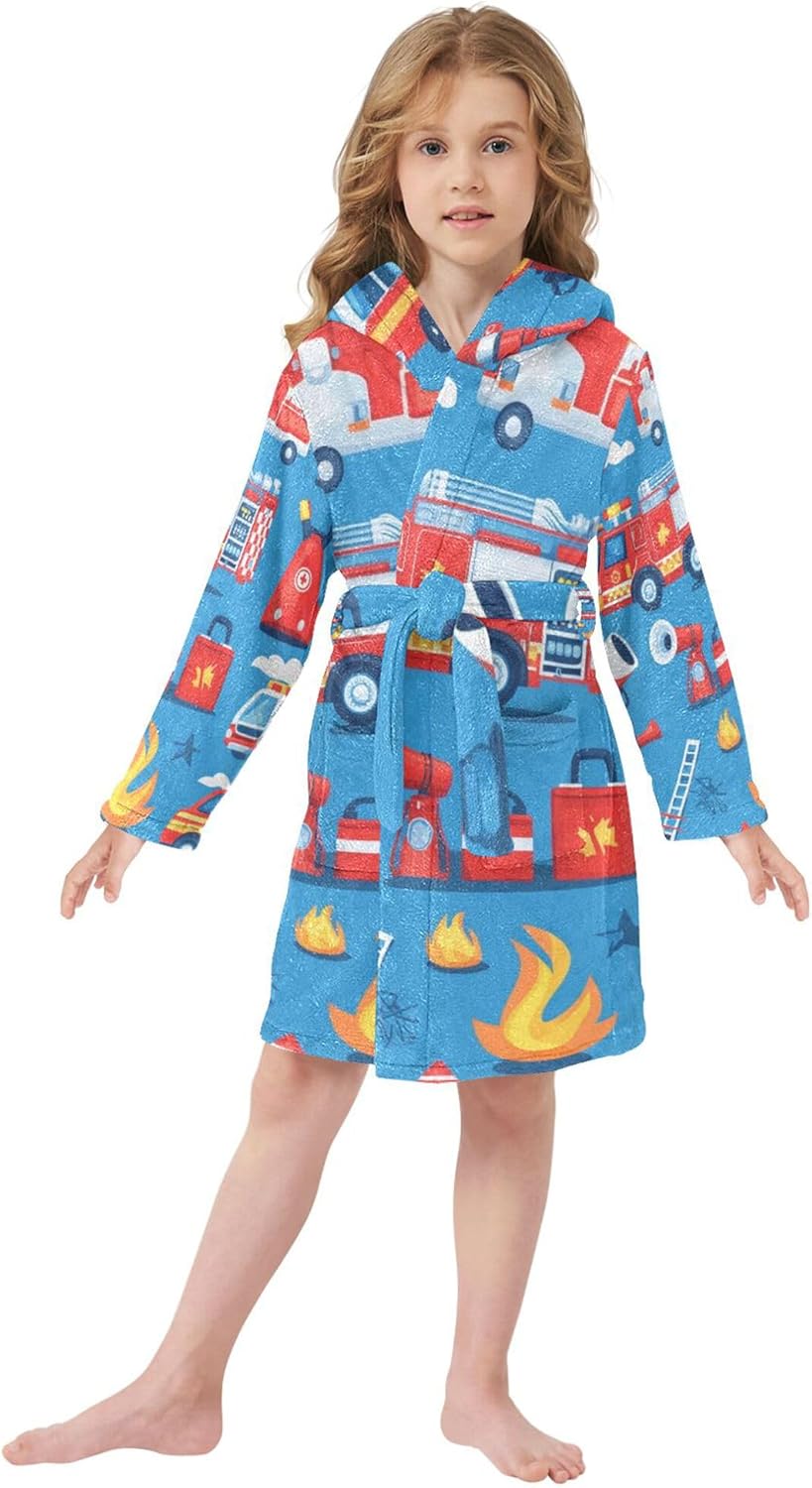 Fire Truck Ambulance Helicopter Firefighter Bathrobe Hooded PJ Robe Soft Fleece Robe Pajama Sleepwears 2-12 Years