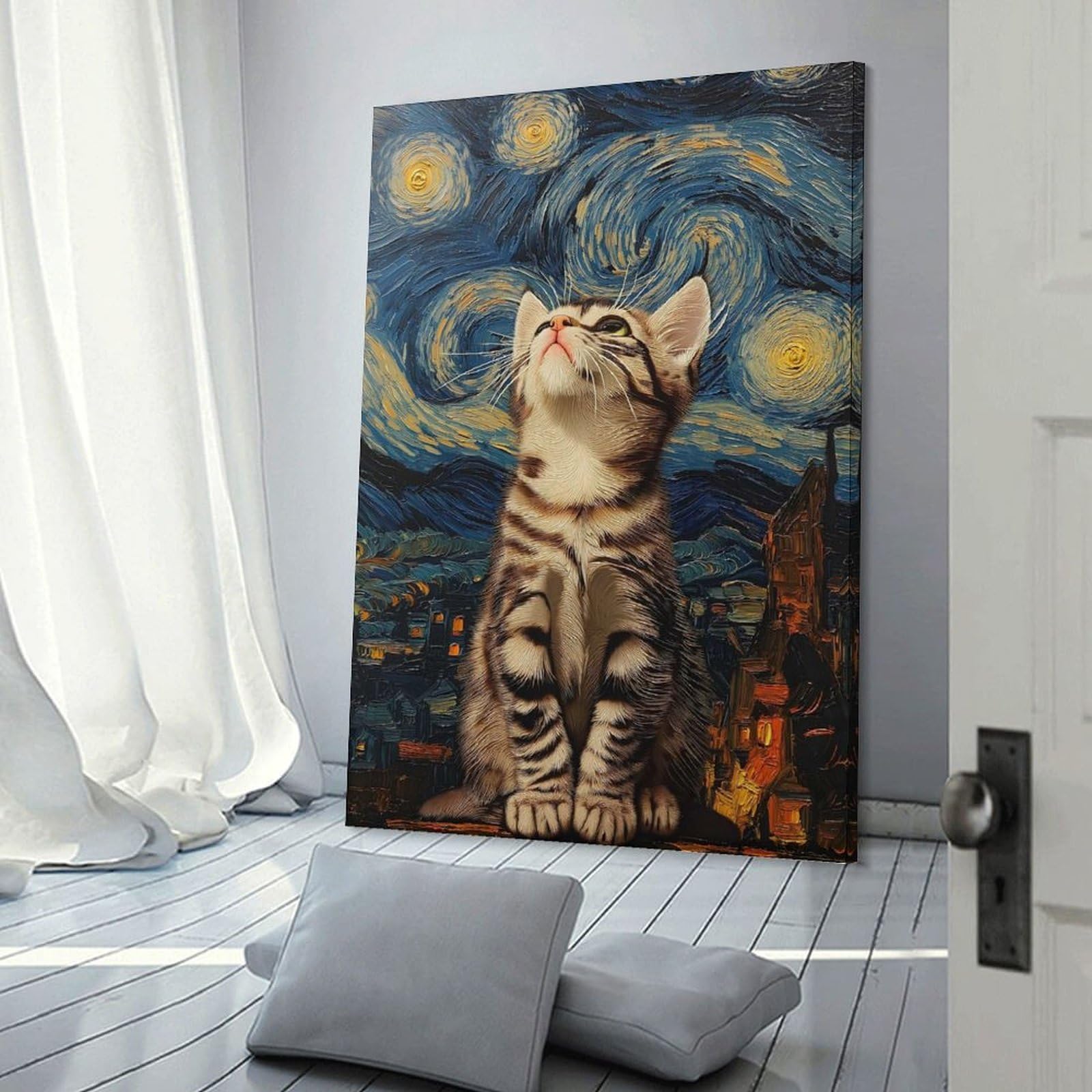 Junmoney Cat Gazing at Starry Night Home Decor Wall Art, 16x24inch(40x60cm), for Wall Displays, Bedrooms Or Room Updates, Ideal for Building A Coordinated Art Wall
