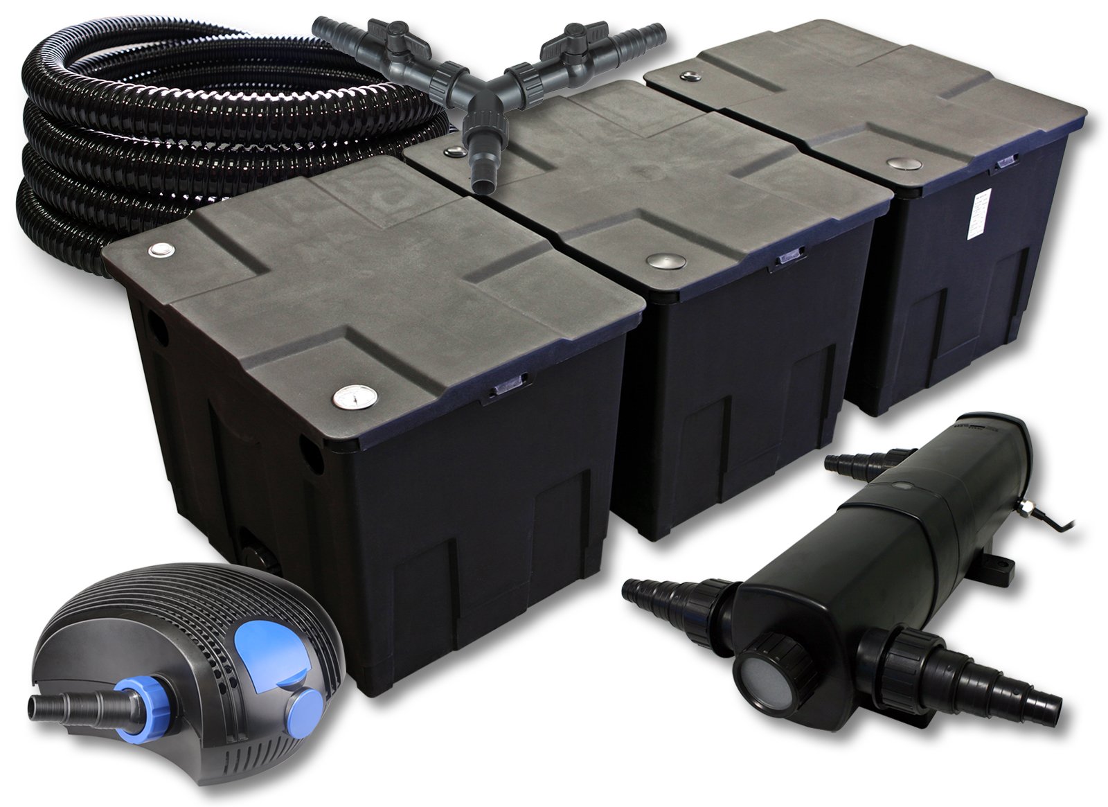 SunSun CBF-350C Teichfilter bis 90000 L Durchlauffilter, CTF-12000 Teichpumpe 12000l/h 100W, CUV-224 UVC Klärer 24W, 25m Teichschlauch 25mm, Y-Verteiler