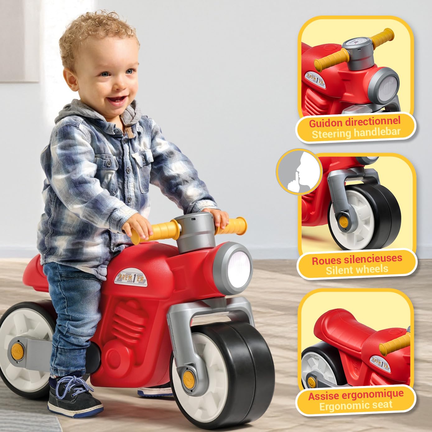 Falk Draisienne Moto Prem1er Rouge Roues Extra Larges Silencieuses Guidon Directionnel Look Vintage 75% Plastique Recyclé Fabriqué France 12 Mois