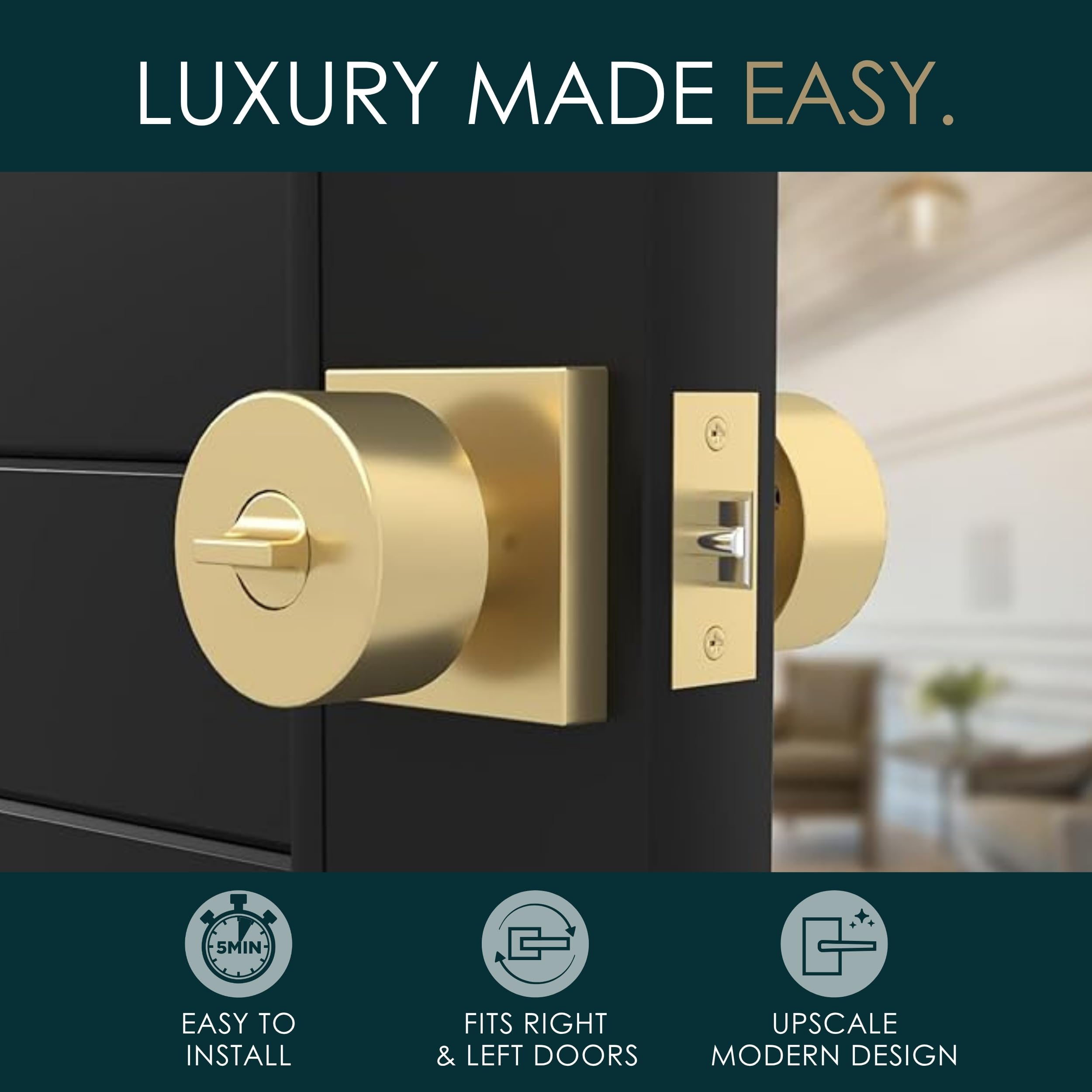 Mega Handles Pomo de puerta de entrada I para entrada, dormitorio y baño, diseño reversible resistente, se adapta a todos los tamaños de puerta estándar, tornillos incluidos, latón satinado (paquete