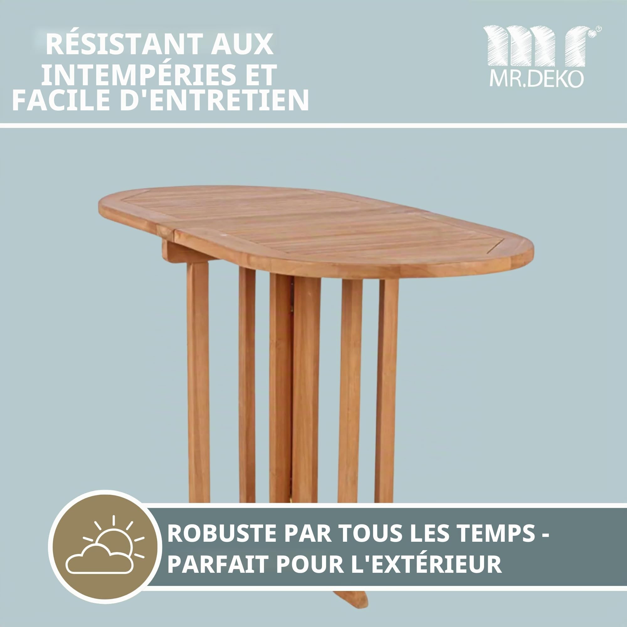 MR. DEKO Table Balcony Teck Massif 120x60x75 cm | Table de Jardin Pliable Individuellement | Meuble Gain de Place pour Petit Balcon Terrasse | Bois Robuste Résistant Rectangulaire