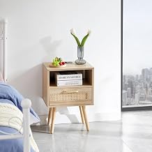 Modern tan End Table with Power Outlet, USB Ports, Drawer & Solid Wood - 15.75 Inch