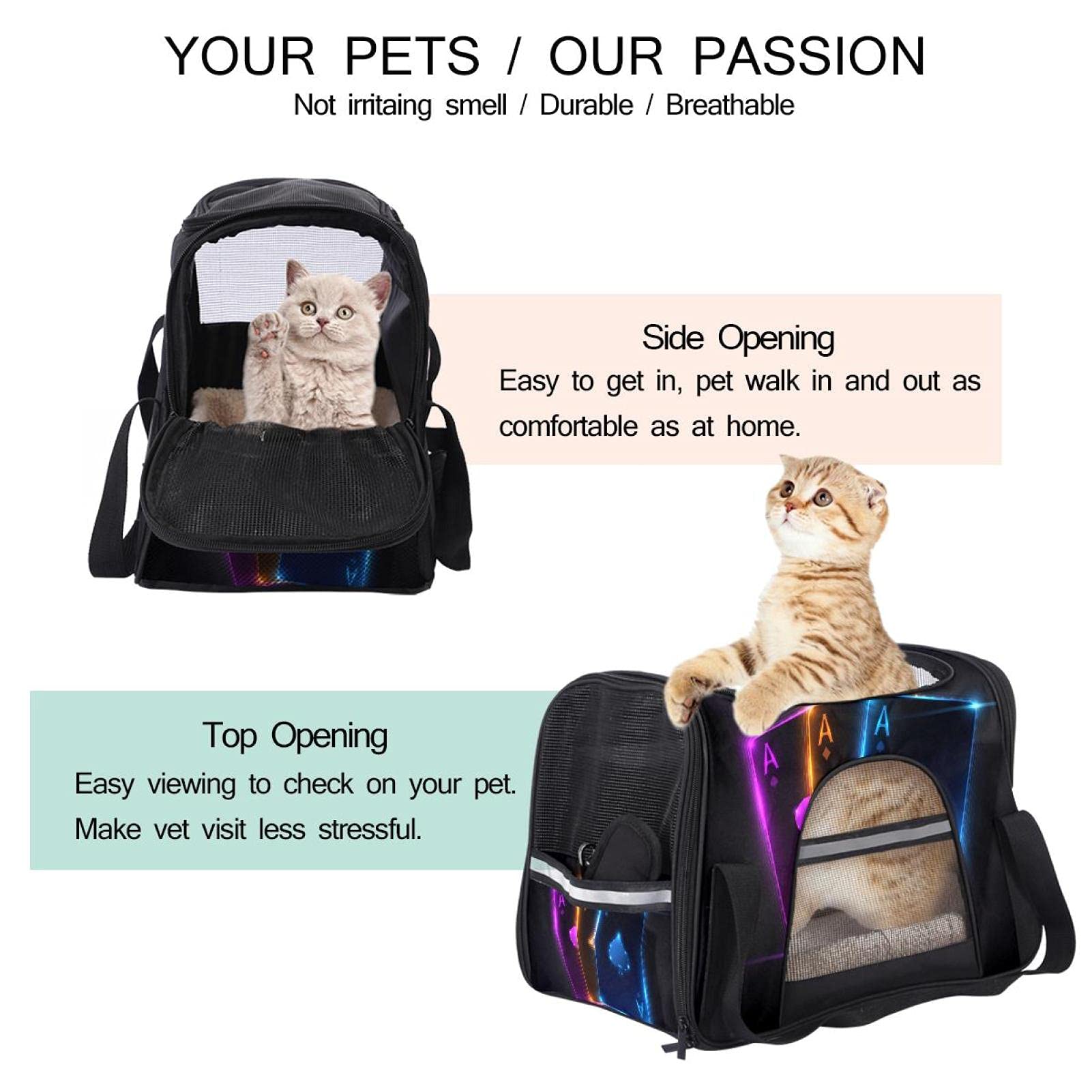 Sac de transport pour animal domestique Ace Poker Card souple pour chats, chiens, chiots - Confortable, portable et pliable - Approuvé par les compagnies aériennes