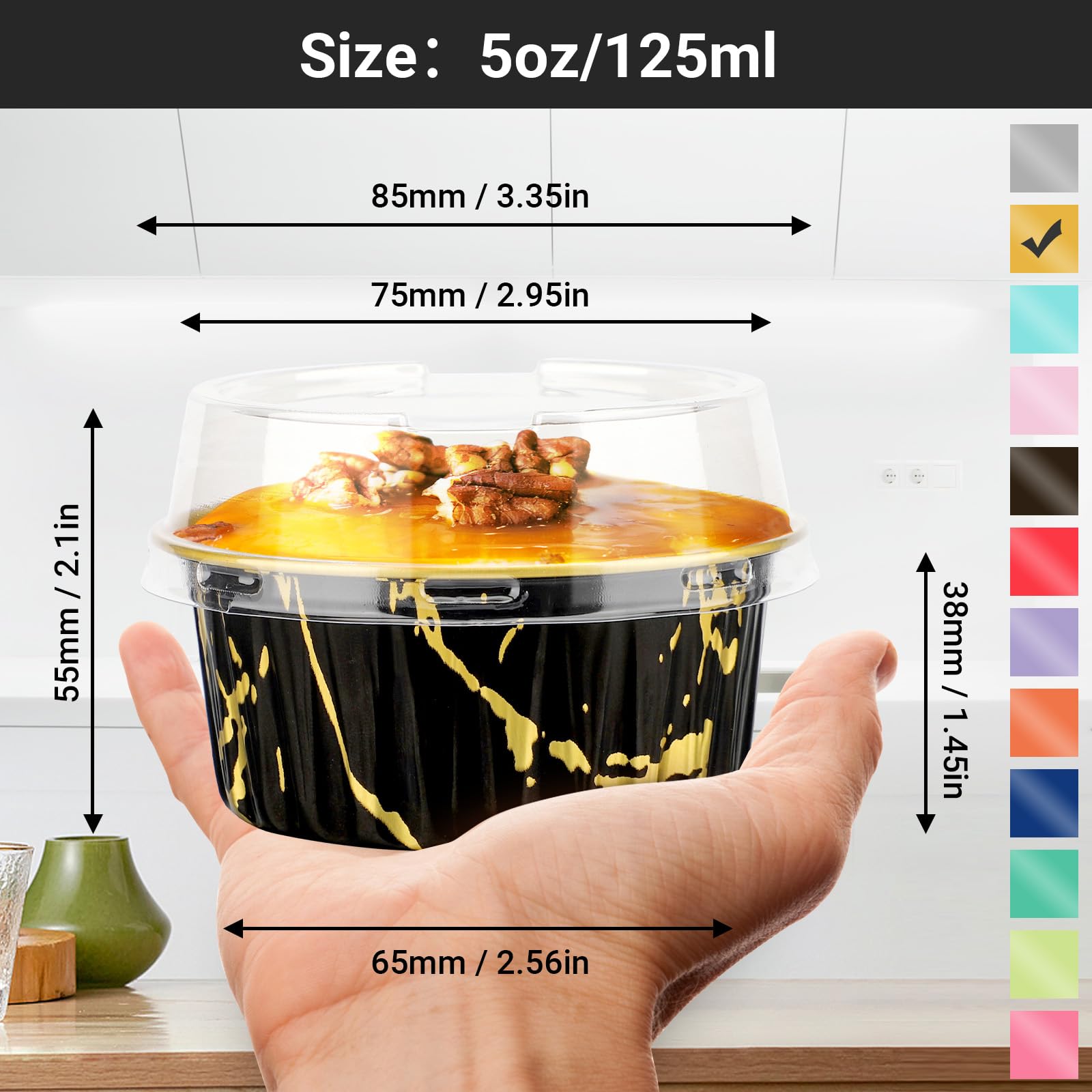 EUSOAR Vasos para hornear con tapas, 100 moldes desechables para tartas de 5 onzas, moldes para hornear magdalenas de crema brulee con tapas, forros desechables para tartas de queso, porción