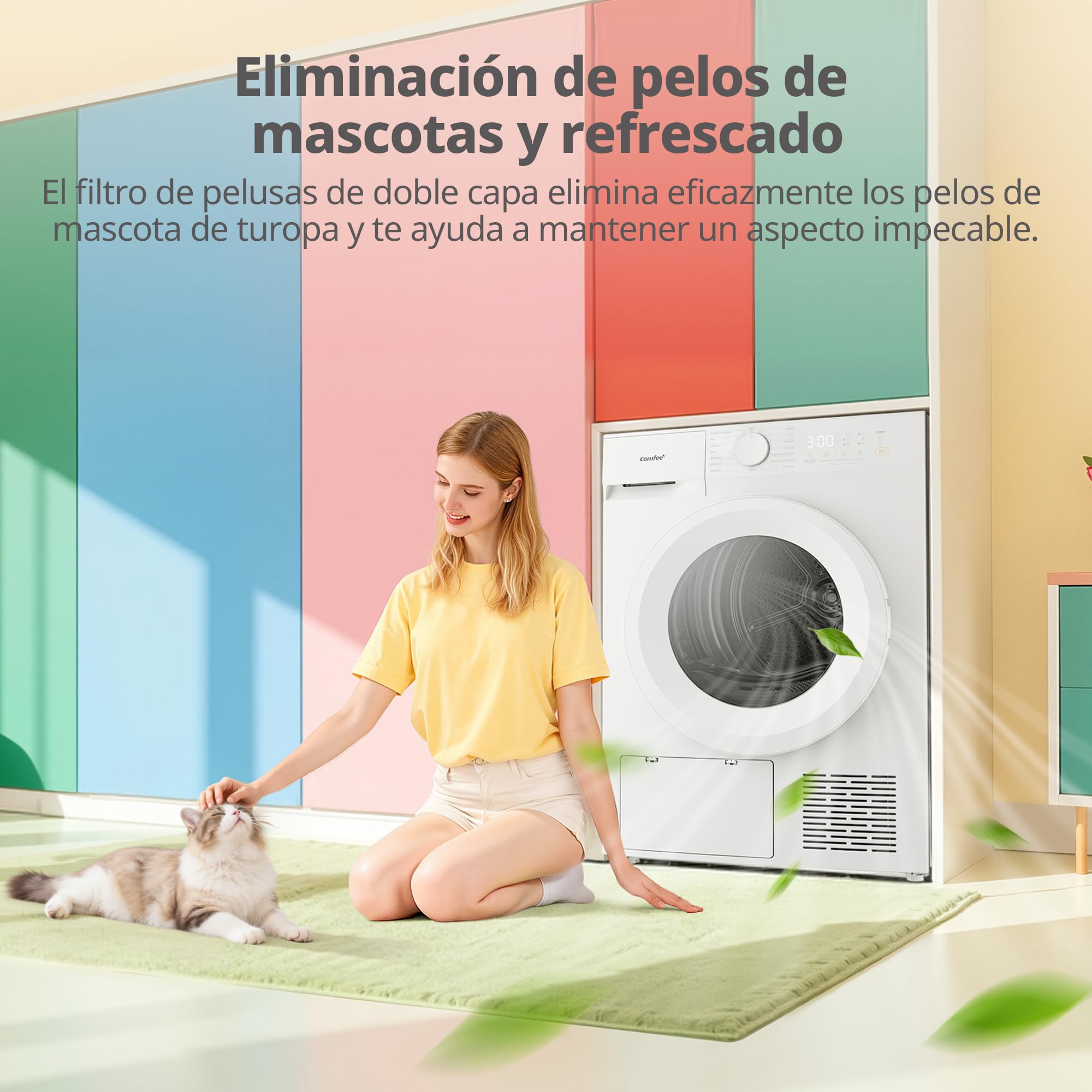 COMFEE' Secadora de Ropa 8 kg, Clase D, Secado rápido, 15 programas, Secado Anti Arrugas, Bomba de Calor, Función de refresco, CD08EHP05W, blanco