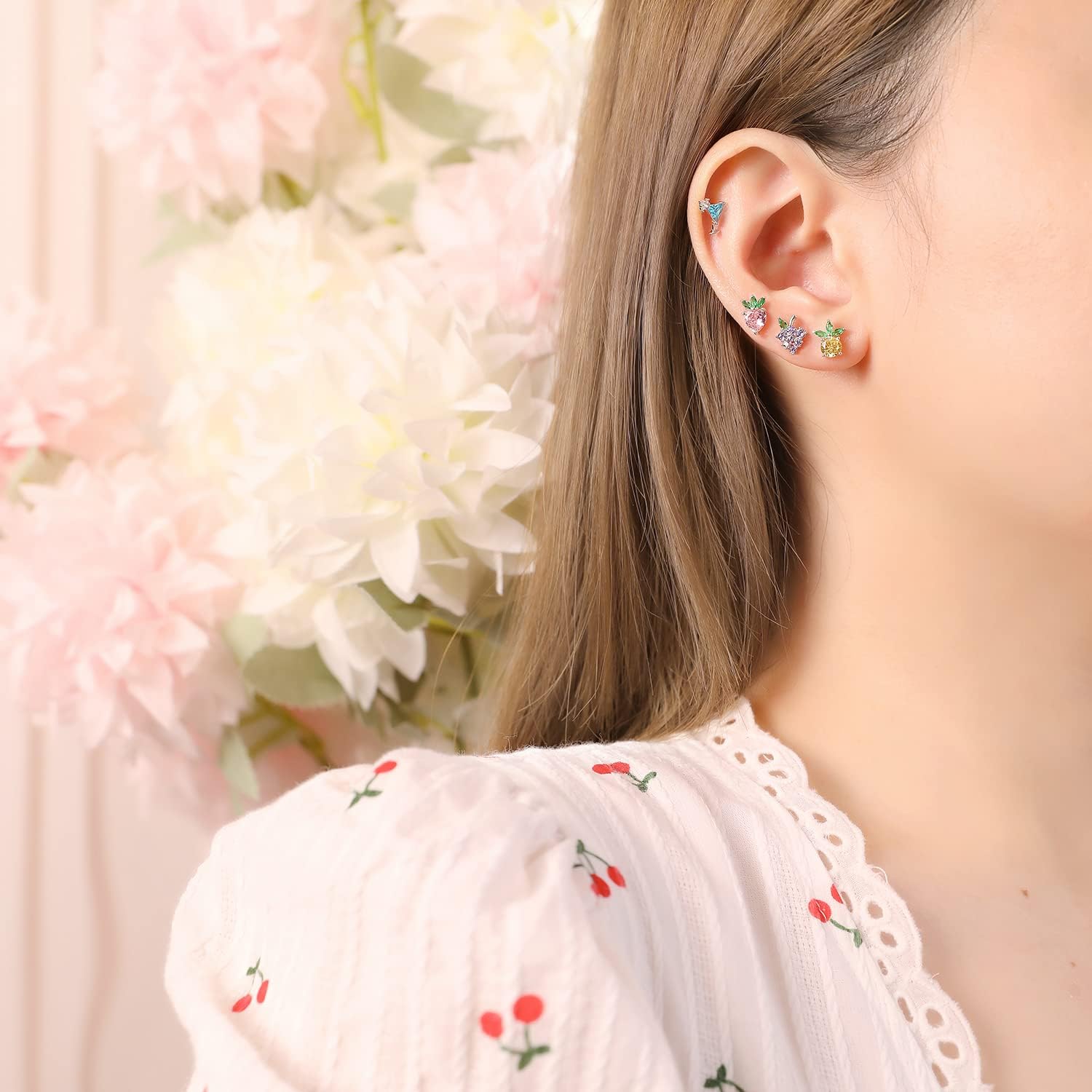 925 Sterling Silver Stud Earrings for Women Cute Fruit Earrings Cherry Pineapple Strawberry Grapes Dainty Studs Earring Set for Multiple Piercings