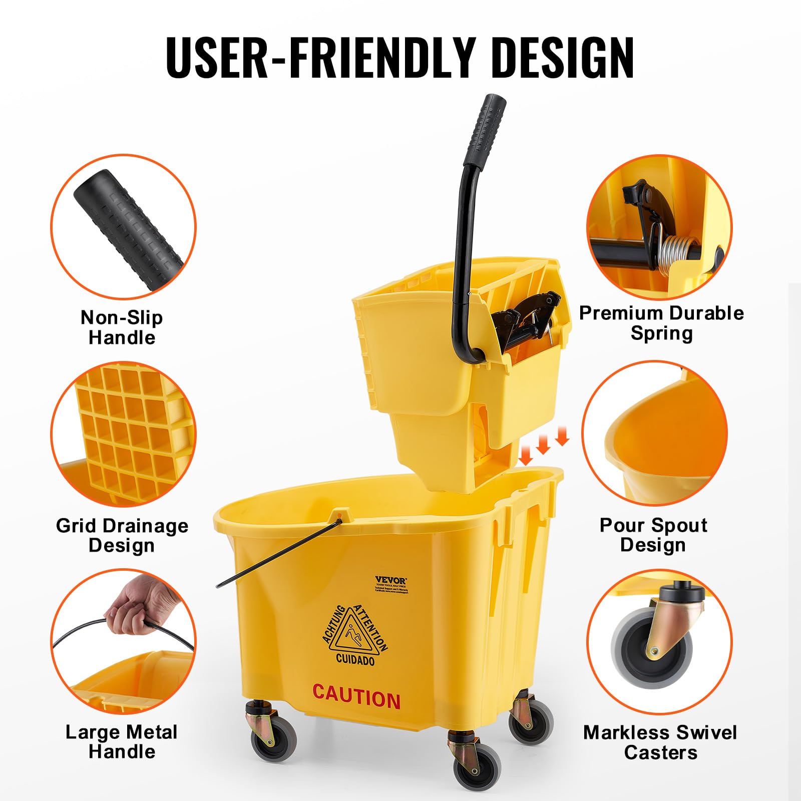 VEVOR Seau-Essoreur à Serpillière, 33 L. Seau à Frange avec Essoreuse Commercial à Pression Latérale, Chariot Lavage Sol, pour Ménage Nettoyage des Sols Professionnels/Industriels/Entreprises