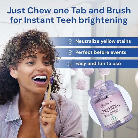 SNOW Purple Whitening Toothpaste Tablets - 30 Count, Purple Toothpaste for Whitening, Color Correcting Tablets for Oral Care, Instantly Brightens Teeth, Removes Yellow Stains & Freshens Breath