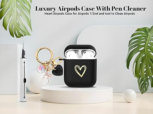 Miniatura 3 de Funda para Airpods con diseño de corazón dorado con bolígrafo de limpieza, accesorios de llavero de la suerte, funda protectora de TPU suave para
