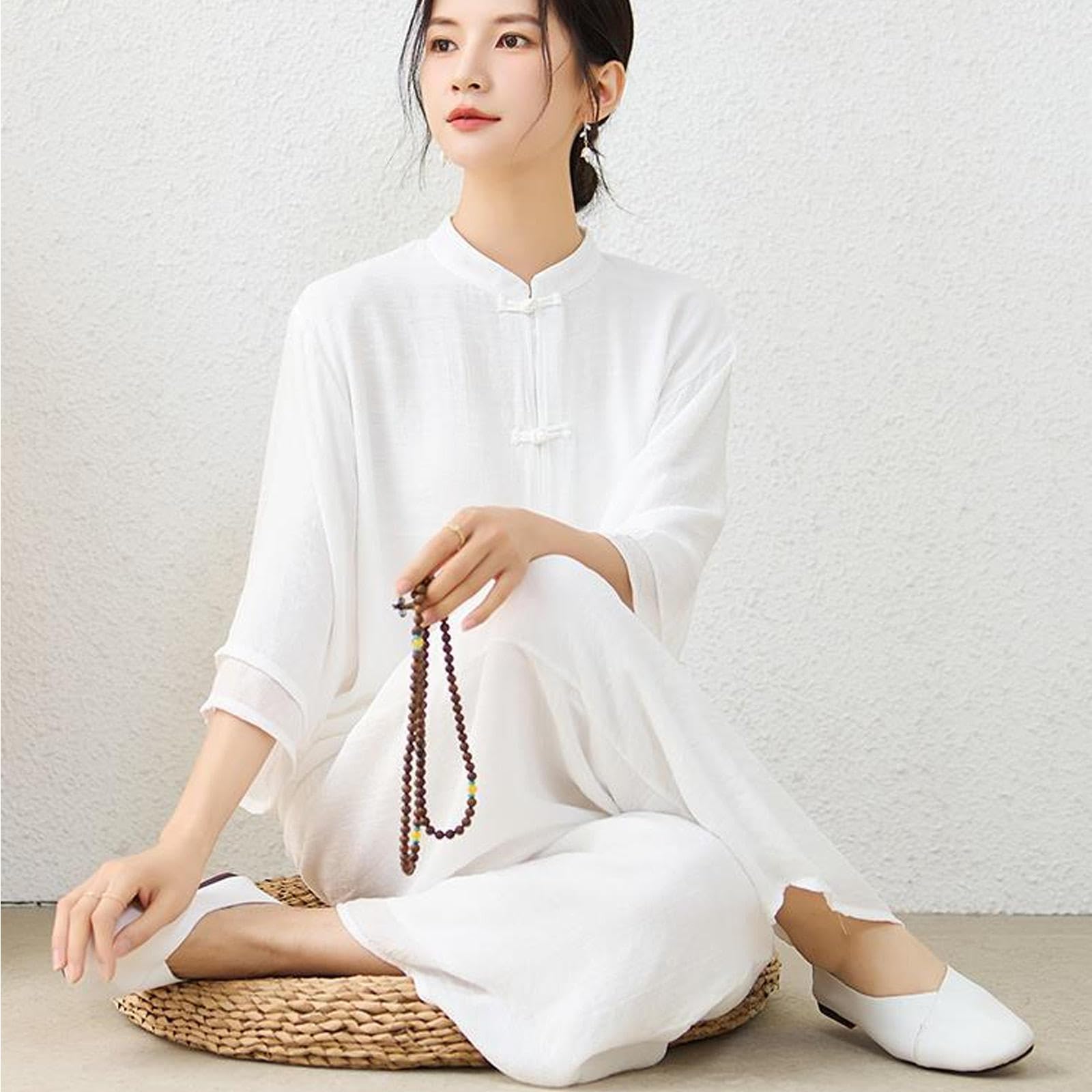 Vêtements de Tai Chi pour Femme en Soie et Lin Uniforme de Kung Fu Style Chinois Méditation Zen Décontracté Manches Trois-Quarts Tenue D'exercices du Matin pour Femme,White-XXL