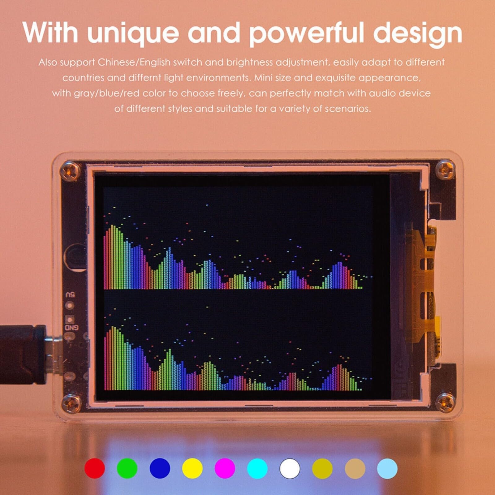Zegar analizatora audio z kolorowym wyświetlaczem LCD, wizualizator światła rytmu muzyki, domowe studio, przewodowe wejście liniowe mikrofonu, pilot w zestawie