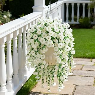 2Pcs Outdoor Faux Hanging Flowers,Artificial Morning Glory with Eucalyptus Leaves,UV Resistant Look Real Fake Plants for Planter Porch Patio Balcony Yard Decor,Weddings,Garden,Christmas,Thanksgiving