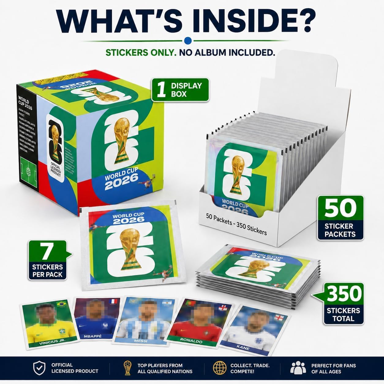 Sammelbox für WM-Sticker 2026, Fanartikel, 50 Päckchen, für Kinder und Erwachsene, je 7 pro Päckchen (insgesamt 350)